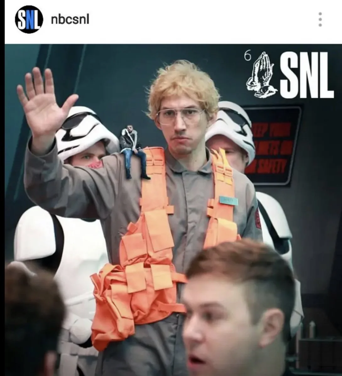 I'm right behind Adam Driver's right shoulder as a Storm Trooper in the classic Undercover Boss Sketch on SNL.