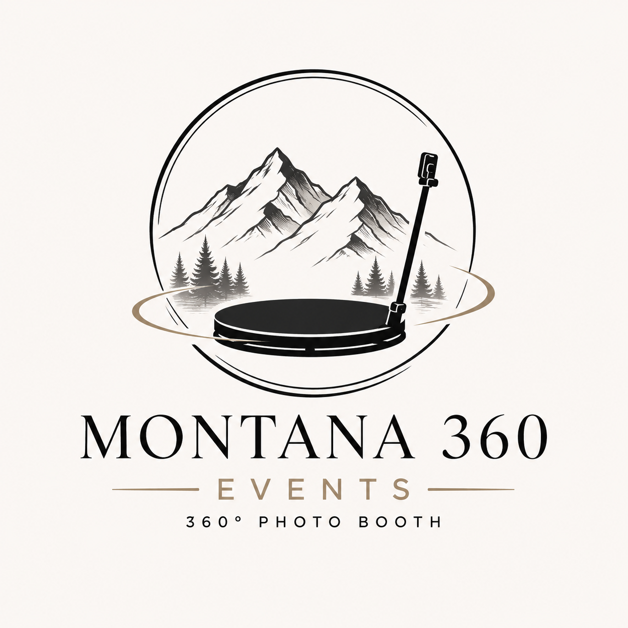 Logo for Montana 360 Events featuring mountains, pine trees, and a 360-degree photo booth with a gopro camera.