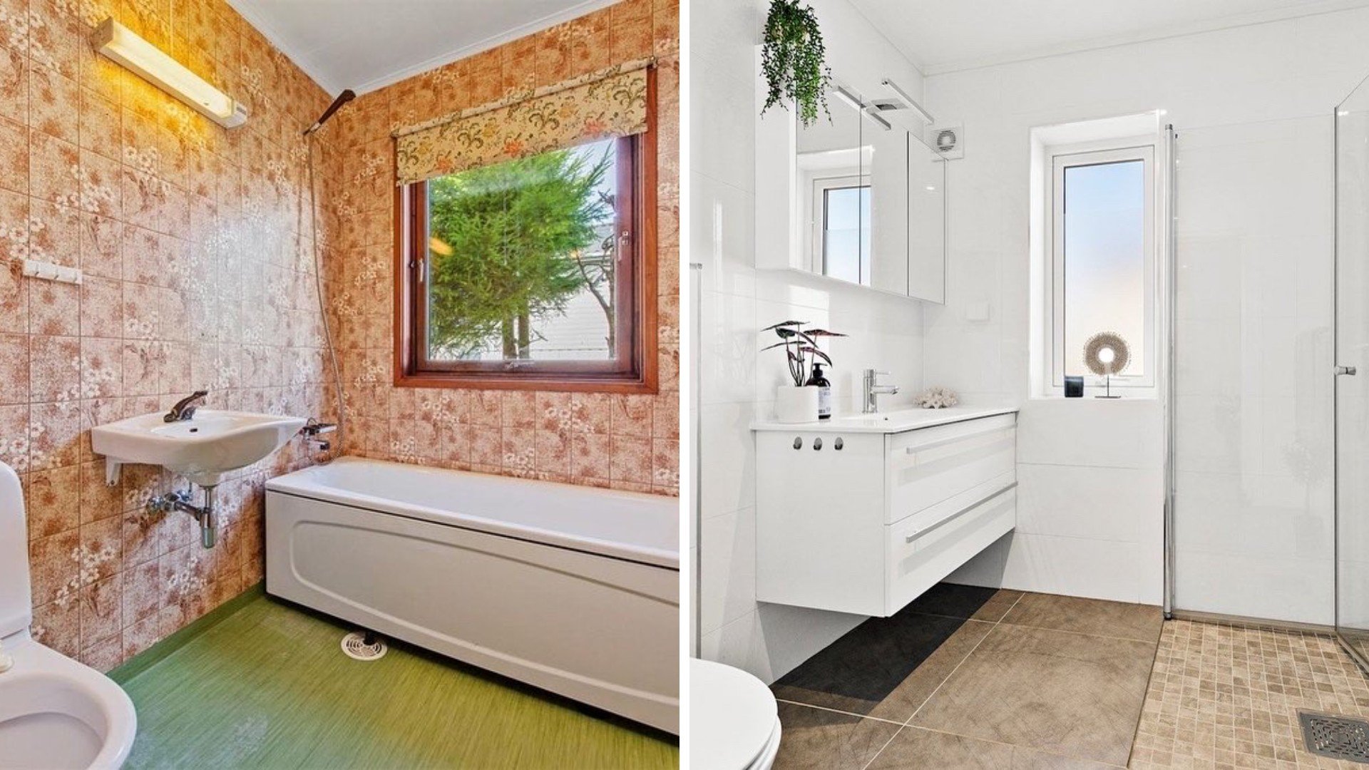 Comparison of two bathrooms: the left bathroom has dated brown floral tiles, a small sink, a bathtub, and a window with a floral curtain. The right bathroom has modern white tiles, a sleek vanity with a mirror, and a window with a clear view, creating a bright and contemporary look.