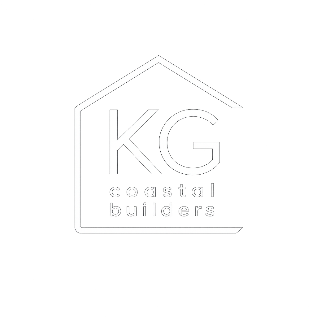 Logo of KG Coastal Builders in black and white with a house outline around the text.
