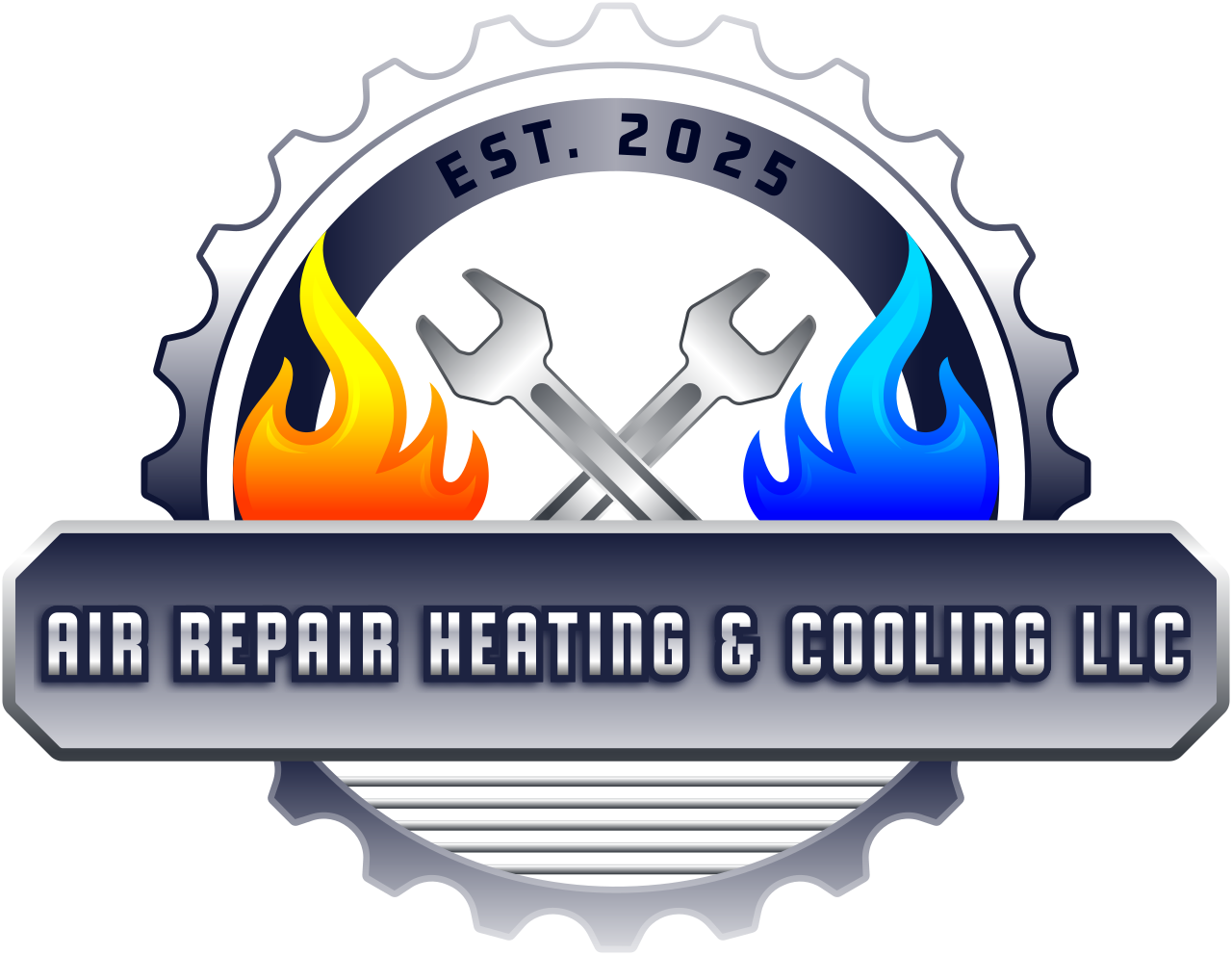 A logo for Air Repair Heating & Cooling LLC featuring a gear, a flame, a blue flame, and two wrenches with the text 'Est. 2025' above and the company name below.