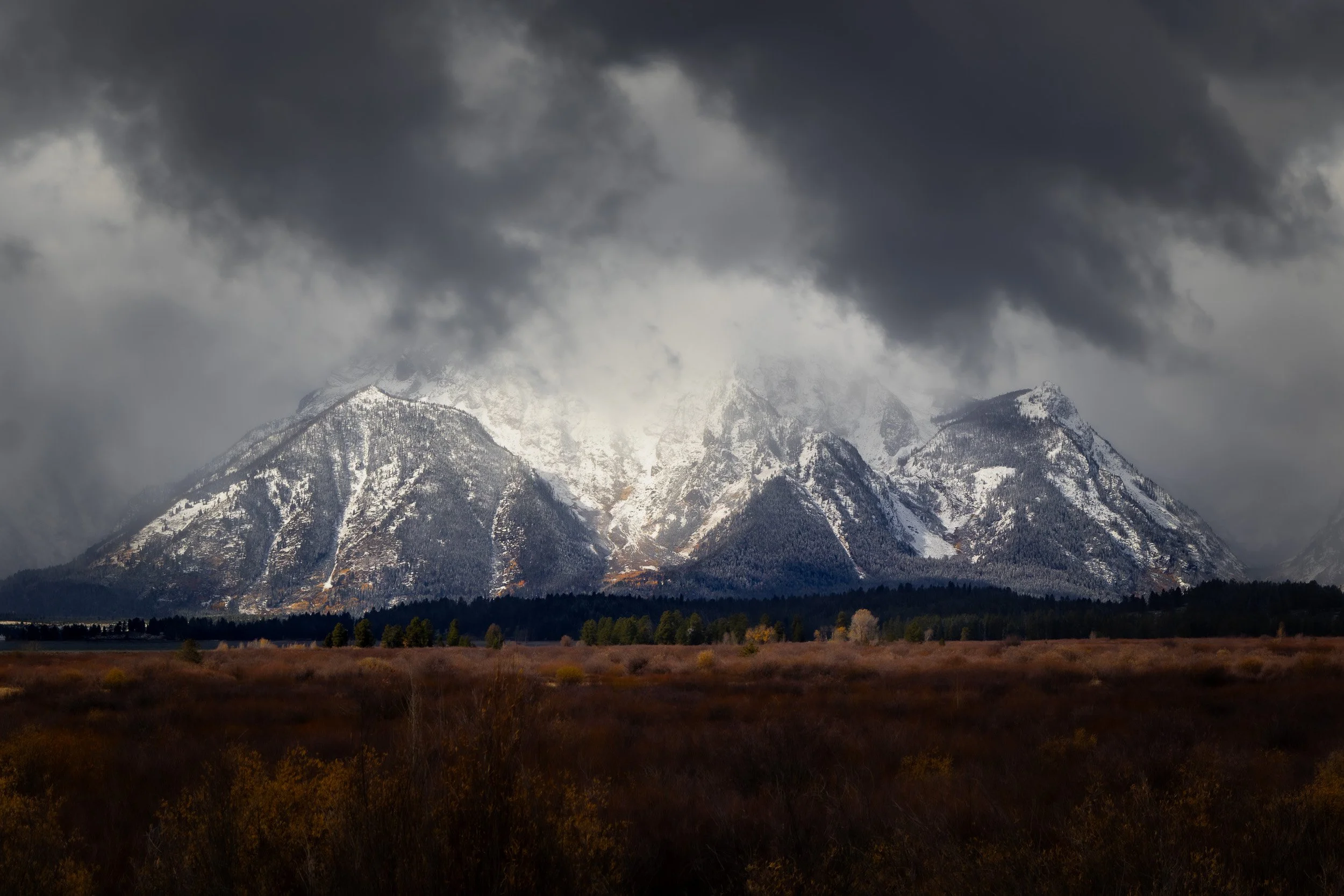 Snow-capped mountain range with dark, stormy clouds overhead and a forested plain in the foreground.