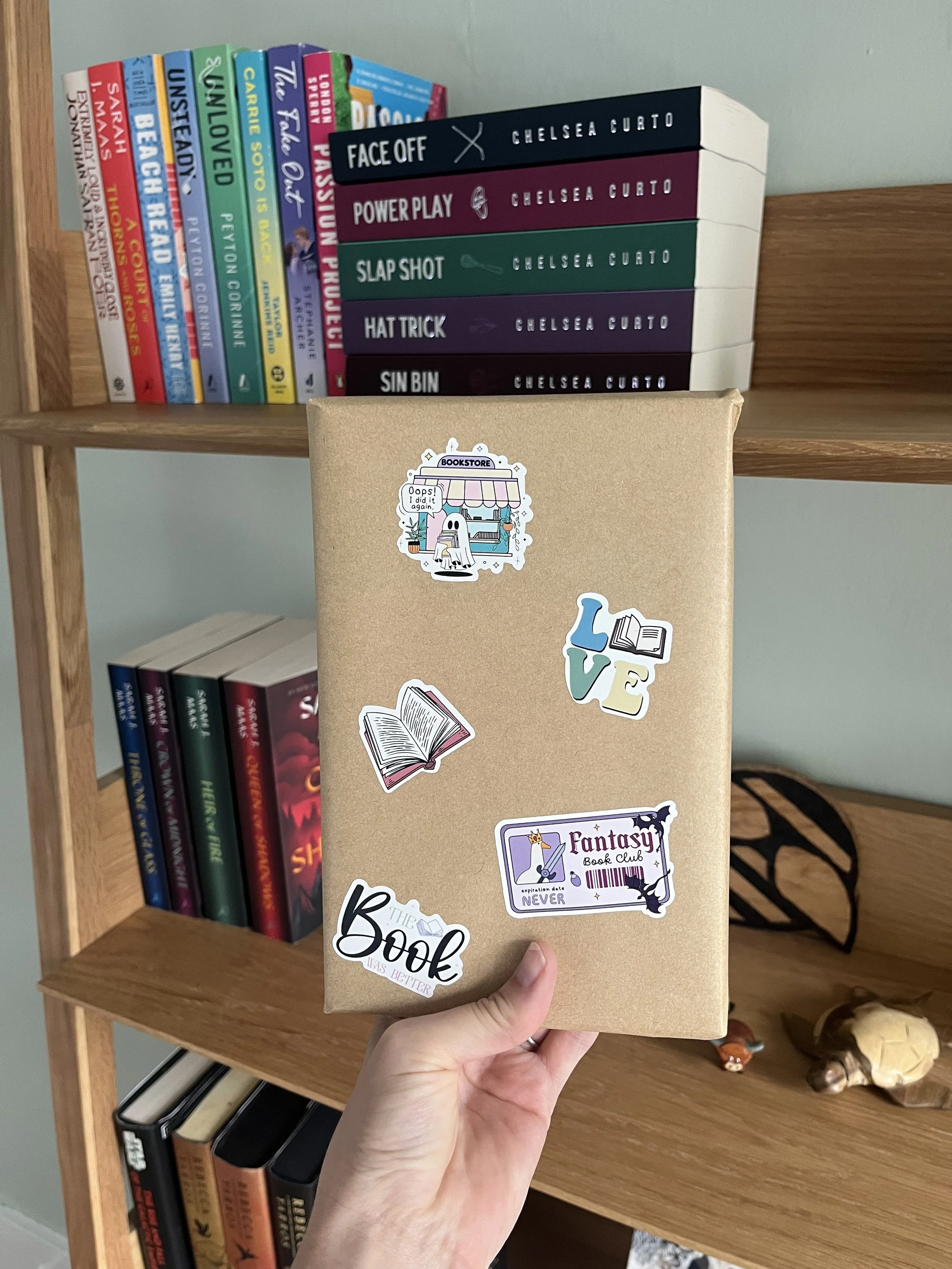 Hand holding a sticker-covered brown book box in front of a wooden bookshelf filled with novels, including Chelsea Curto books.