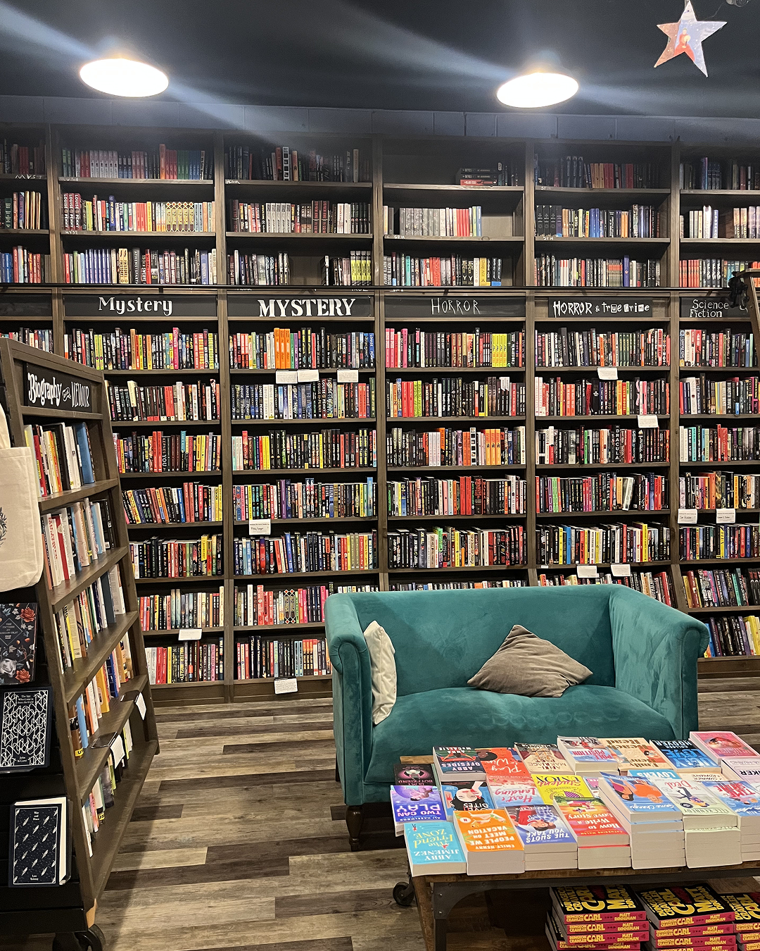Cozy bookstore interior with bookshelves labeled Mystery, Horror, Horror and True Crime, and Science Fiction, plus a teal armchair and display table of books.