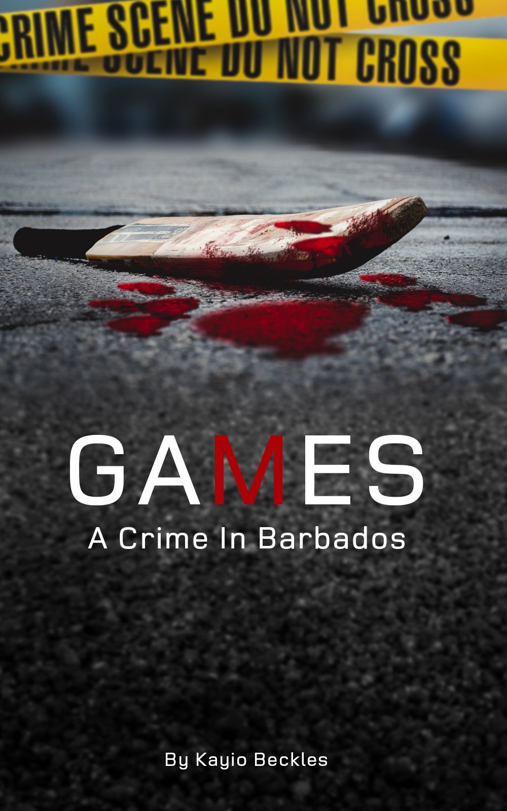 Book cover titled 'GAMES: A Crime in Barbados' showing a battered, blood-stained shoe lying on a street with bloodstains and yellow crime scene tape in the background.