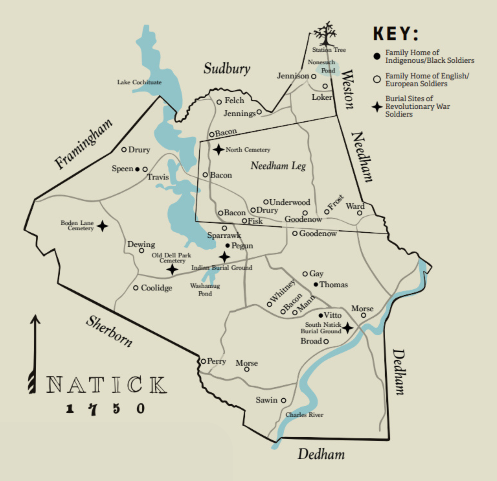 A historical map showing locations in New Hampshire, including lakes, cemeteries, towns, and burial sites of soldiers from different wars, with a key explaining symbols for indigenous and European families, and revolutionary war burial sites.