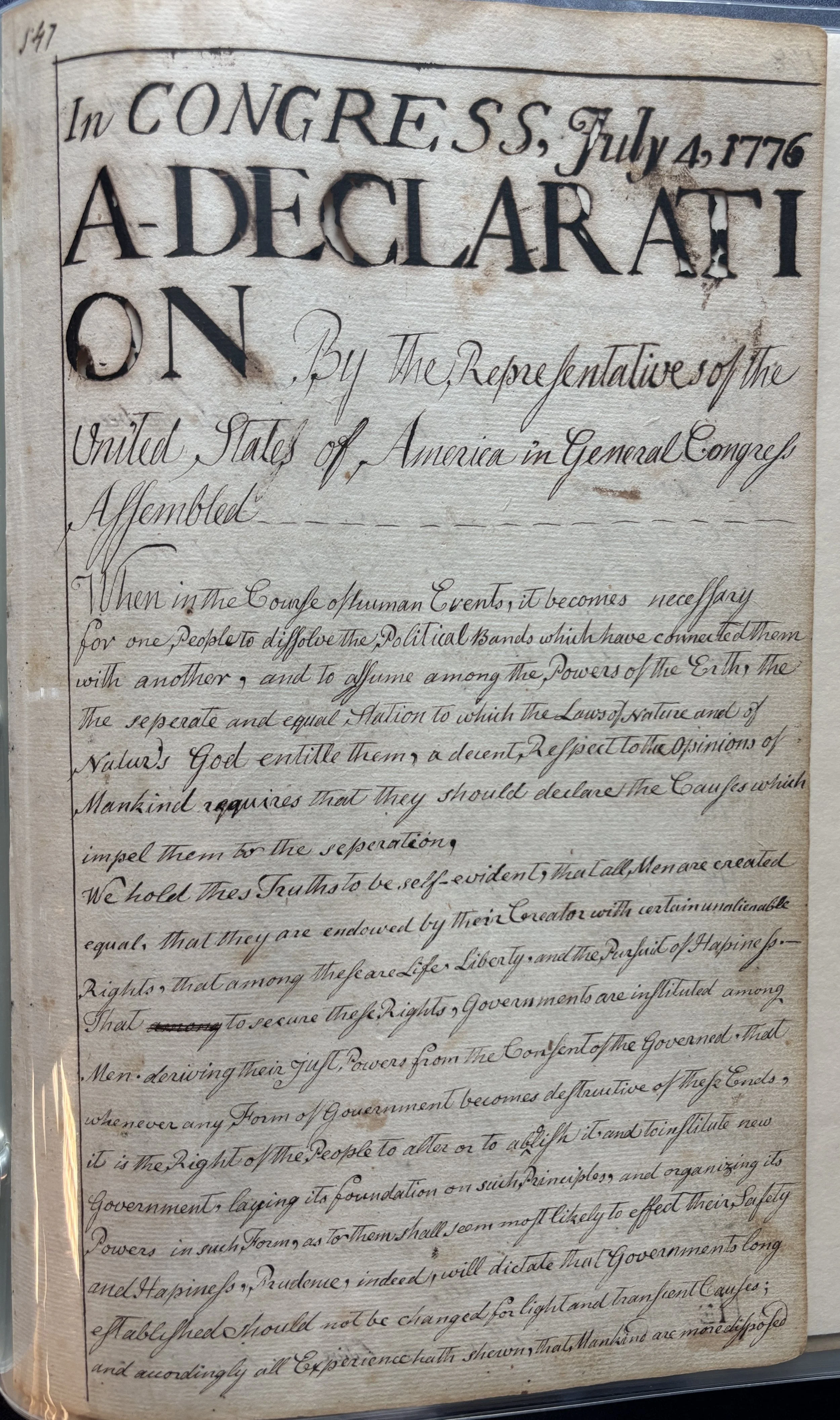 Declaration of Independence, Natick Town Meeting Minutes, Summer 1776.