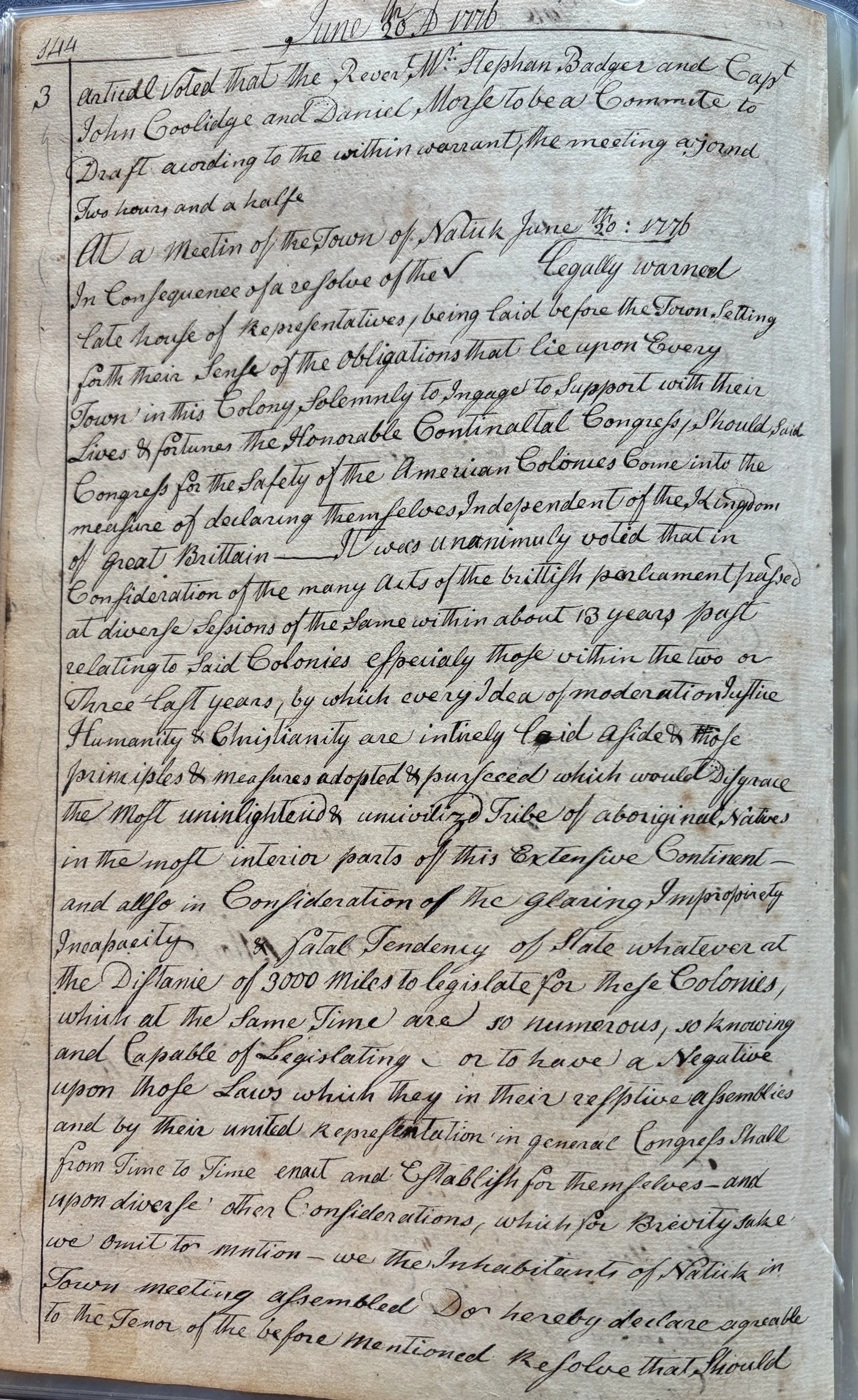 Handwritten historical document dated June 20, 1776, discussing support for American colonies' independence from Britain, mentions representatives, colonies, and legislative principles.
