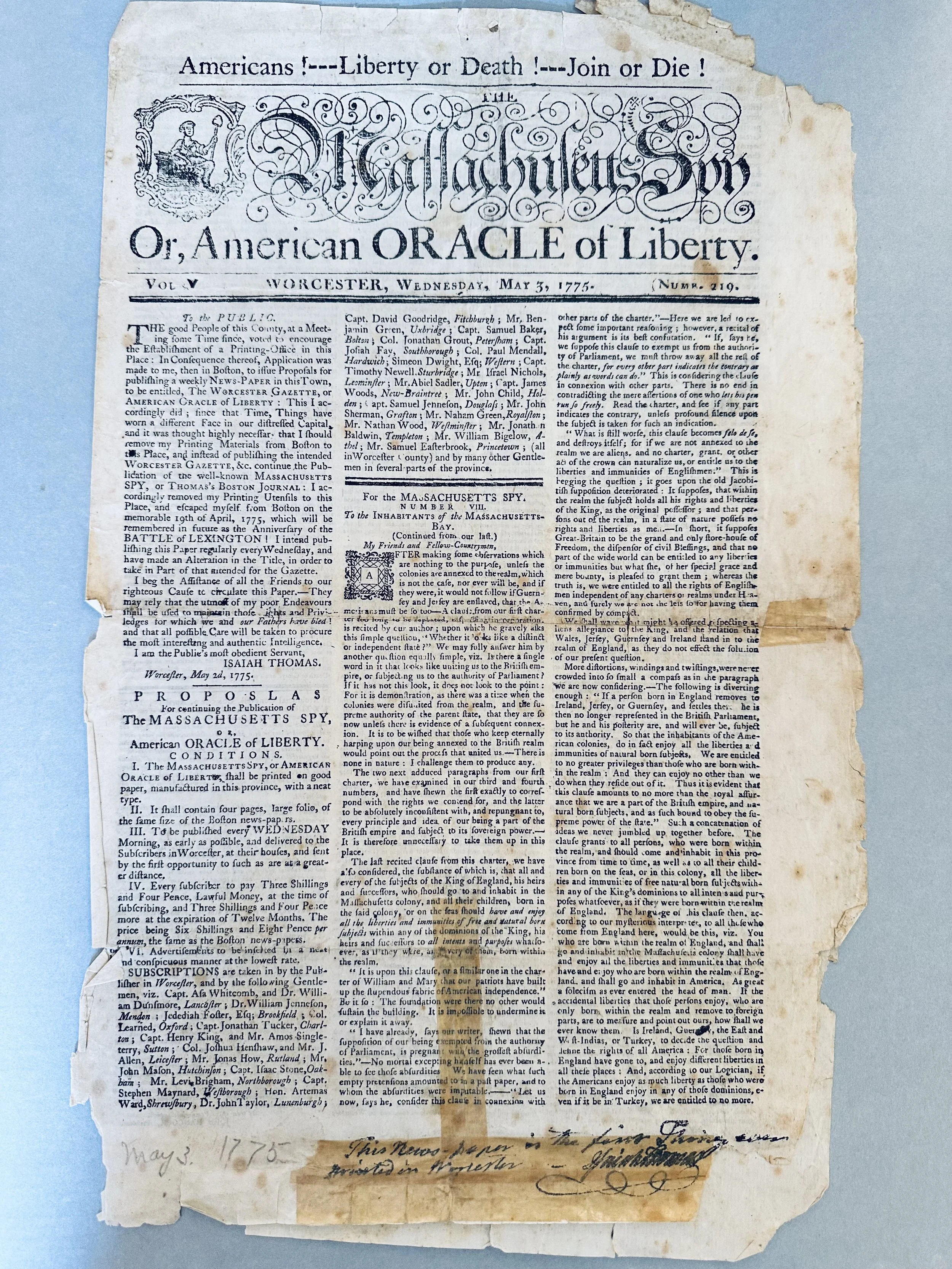 Massachusetts Spy, Or American Oracle of Liberty, May 3, 1775, Reproduction of Original, NHS Collections. 
