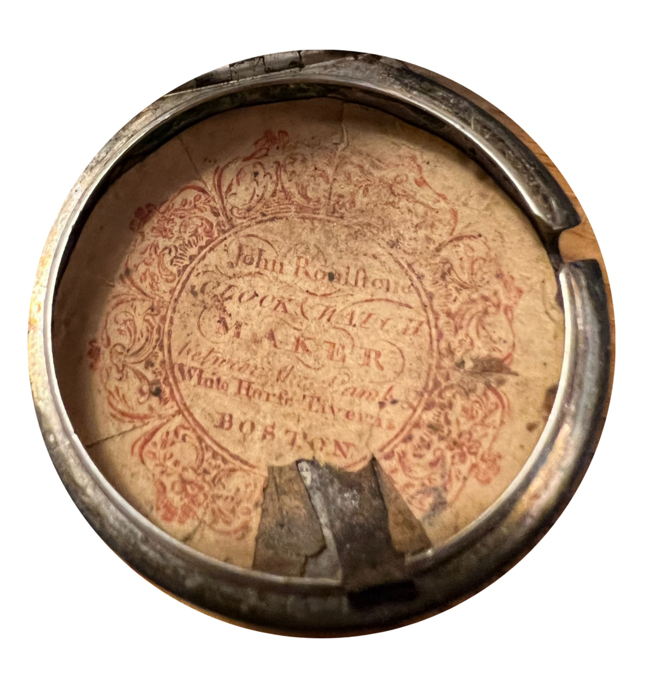 Interior of Pocket Clock and Receipt, Taken from a British Officer a the Battle of Bunker Hill, c. 1758-1775, NHS Collections.
