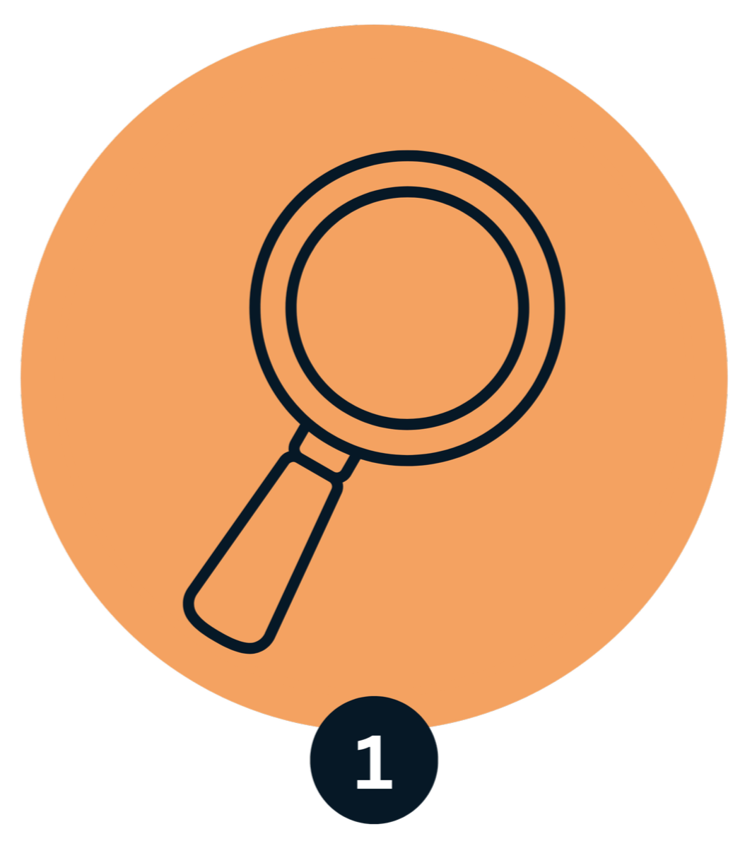 Icon of a magnifying glass inside a circular orange background.
