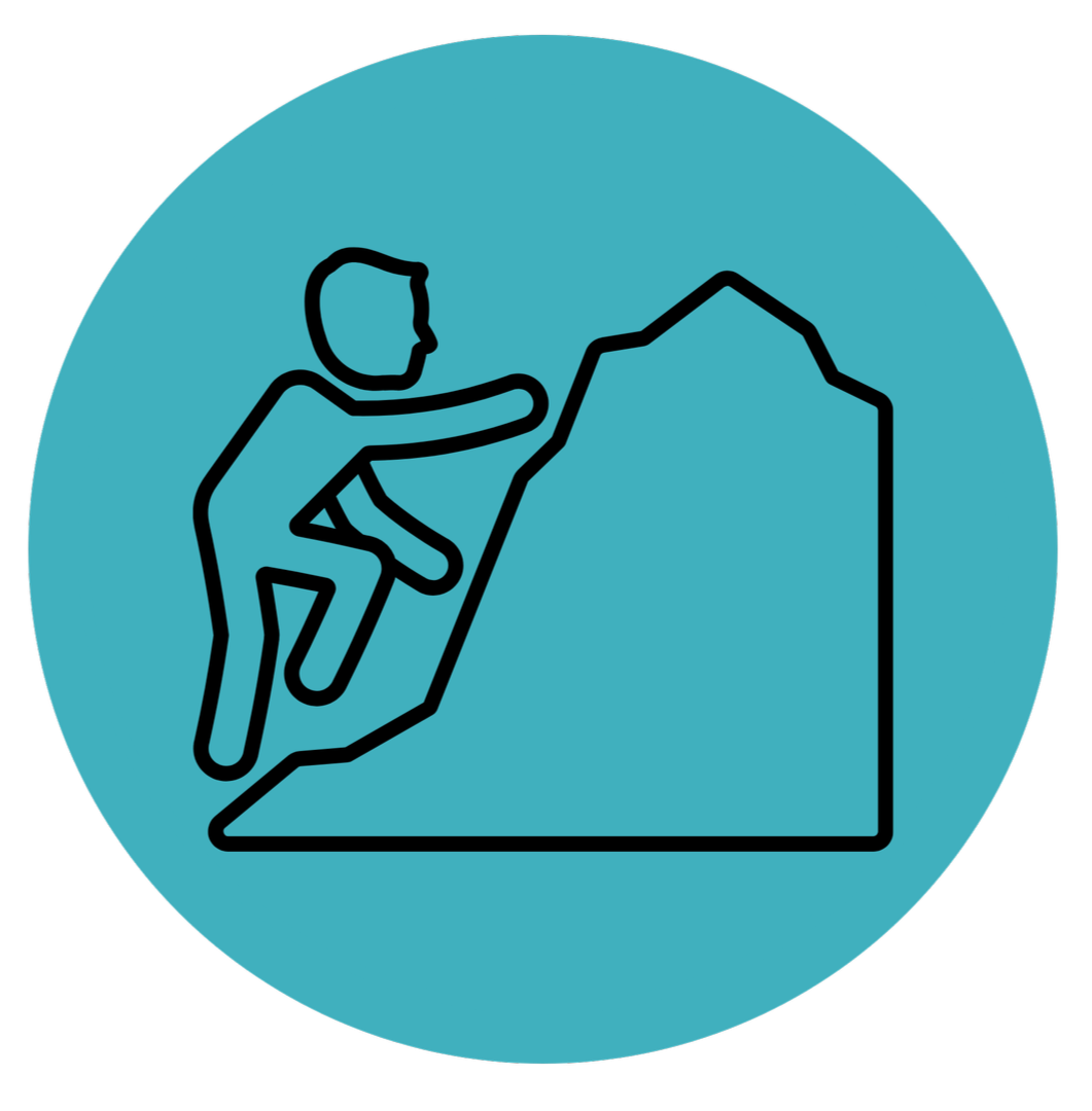 A line drawing of a person climbing a mountain or uphill slope, with a blue circular background.