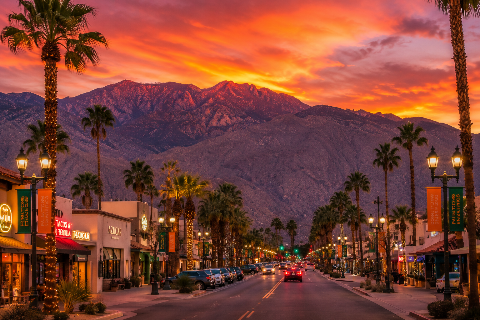 Street scene at sunset in Palm Springs, California with palm trees decorated with string lights, shops, and cars, mountain range in the background under a colorful sky.