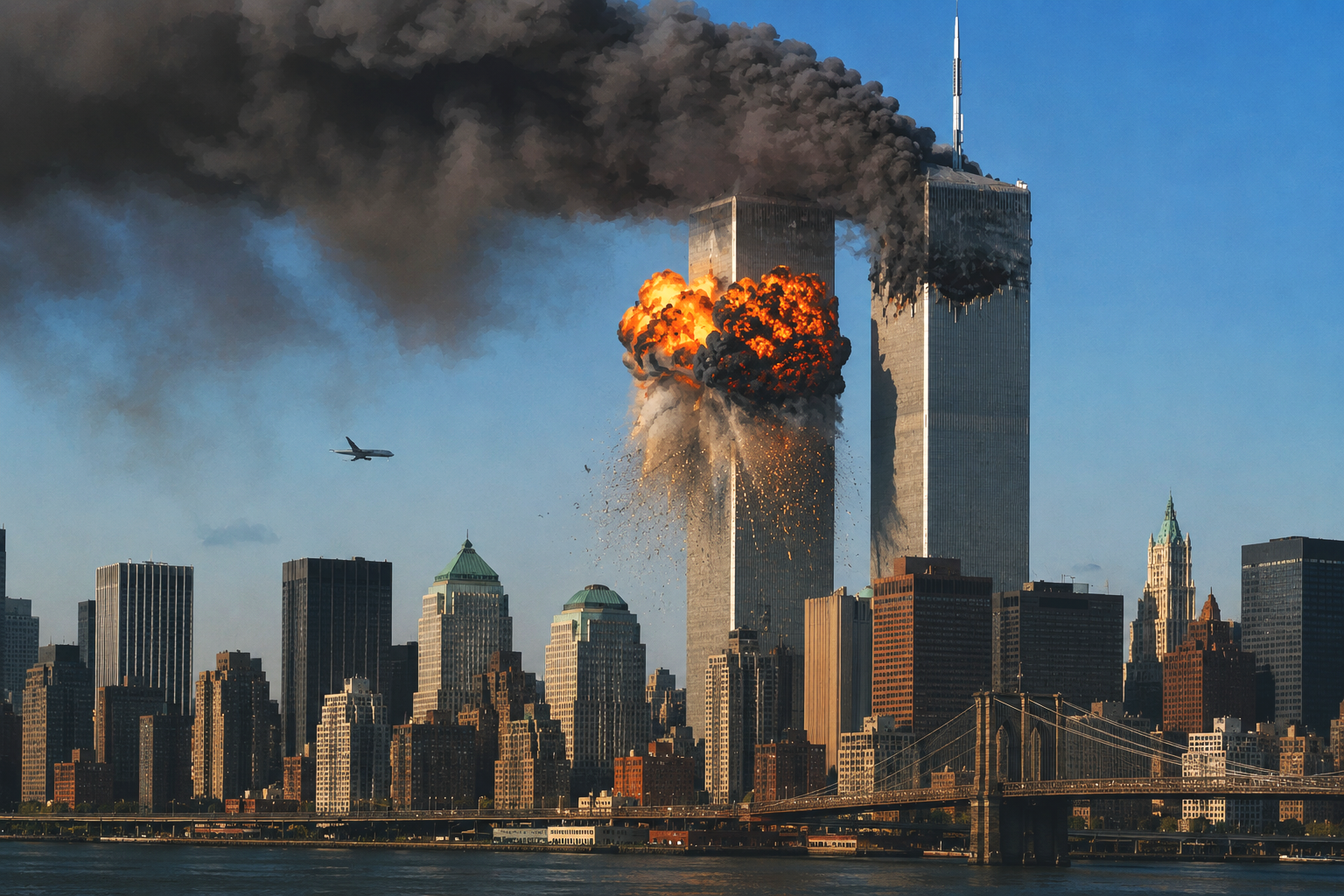 Twin Towers on fire with black smoke and explosions, with a plane flying nearby in New York City skyline.