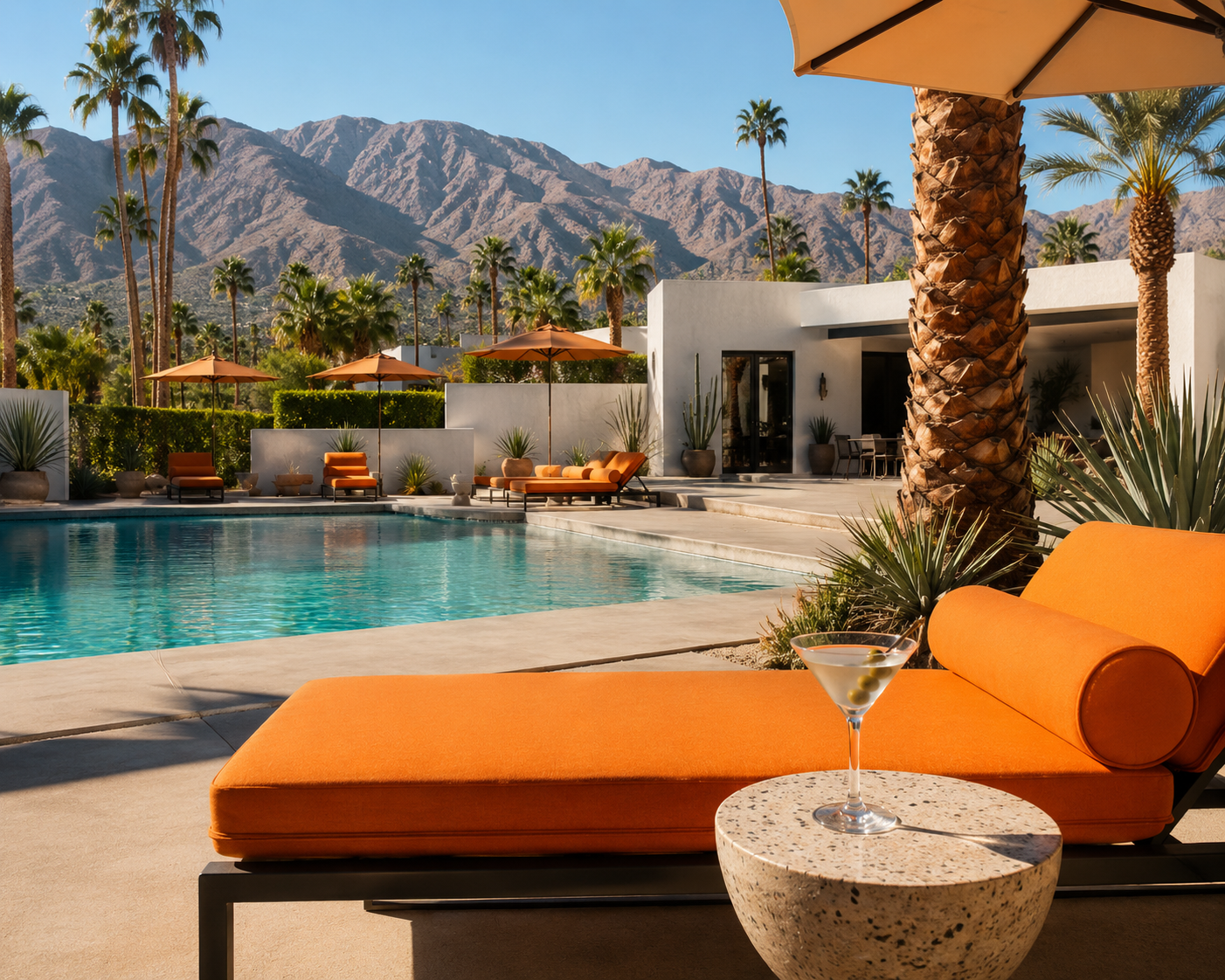 A luxurious poolside scene in a desert setting with mountains in the background. Lounge chairs with orange cushions and umbrellas are arranged around a swimming pool. Palm trees and potted desert plants are visible, with modern white buildings in the background. A cocktail glass with an olive garnish is on a small table in the foreground.