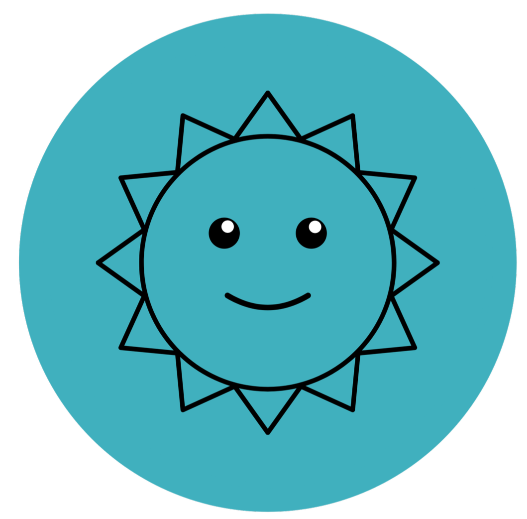 A cartoon sun with a smiling face, wearing black eyes, a small nose, and a simple curved mouth, surrounded by a ring of triangular rays, set against a blue background.