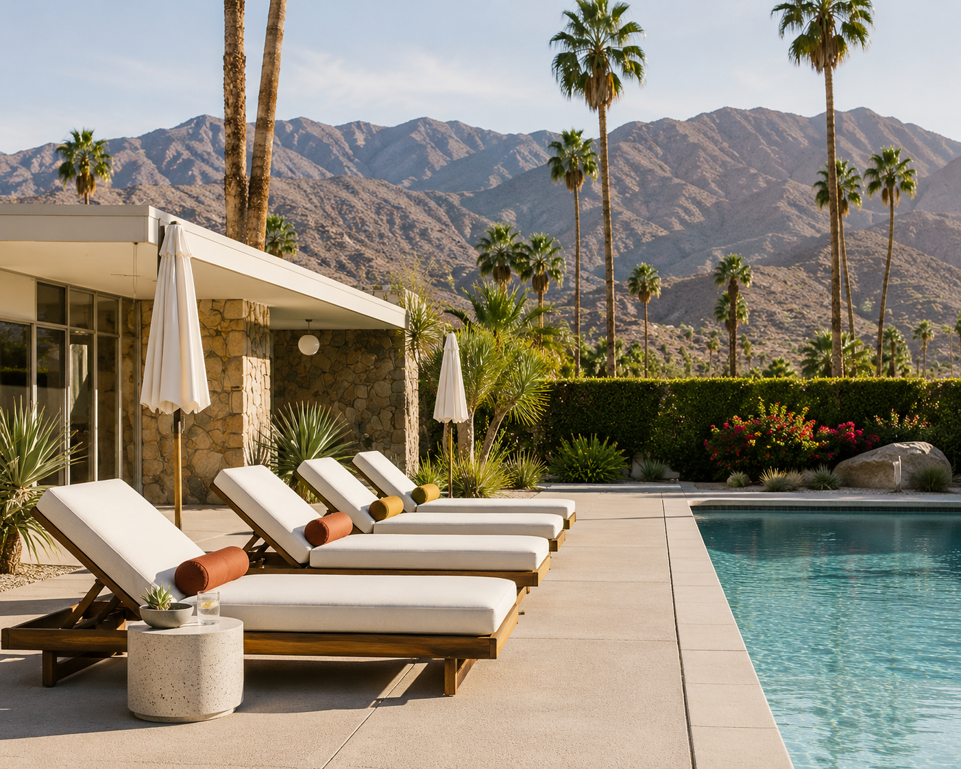 Swimming pool area with four white lounge chairs and rolled-up towels, surrounded by desert plants, umbrellas, and a modern house with large glass doors, set against a backdrop of mountains and palm trees.