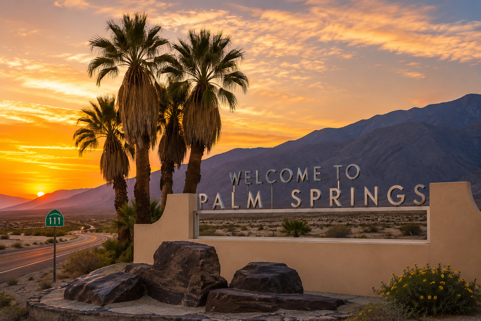 Sunset over mountains with a sign reading 'Welcome to Palm Springs' in the foreground, palm trees, desert landscape, and a road.