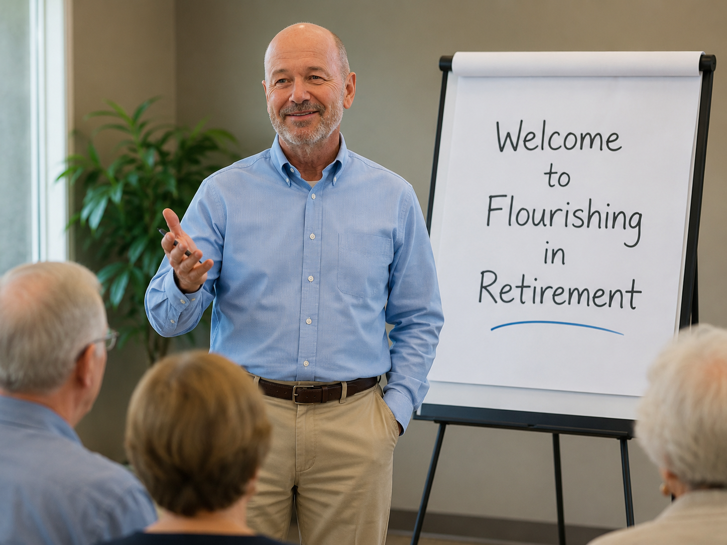 A man giving a presentation in a room with a sign that reads 'Welcome to Flourishing in Retirement,' as elderly people listen.
