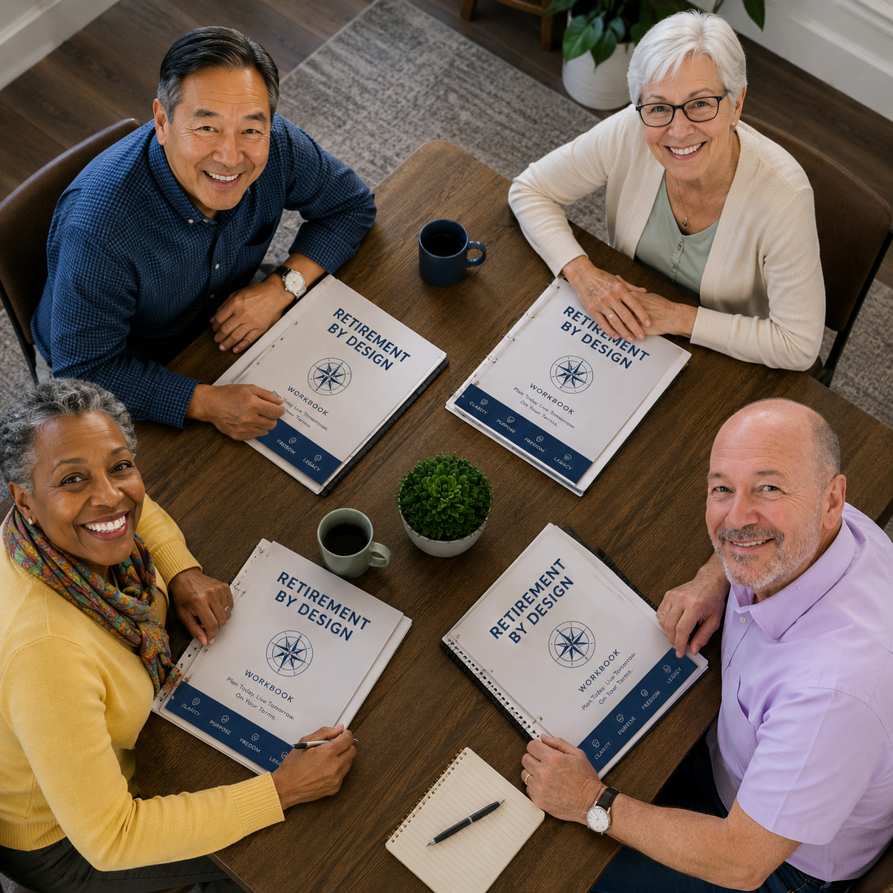 Four diverse adults sitting around a table with notebooks labeled 'Retirement by Design,' smiling at the camera, in a meeting room.