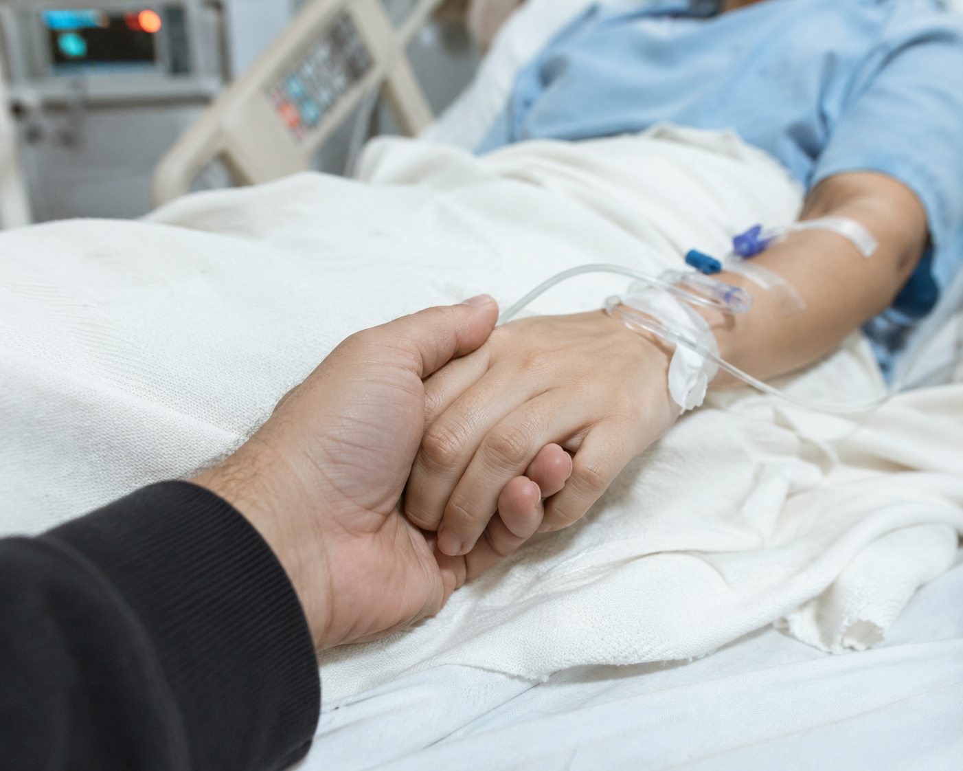 Person lying in hospital bed holding hands with another person, with medical IV attached to their arm.