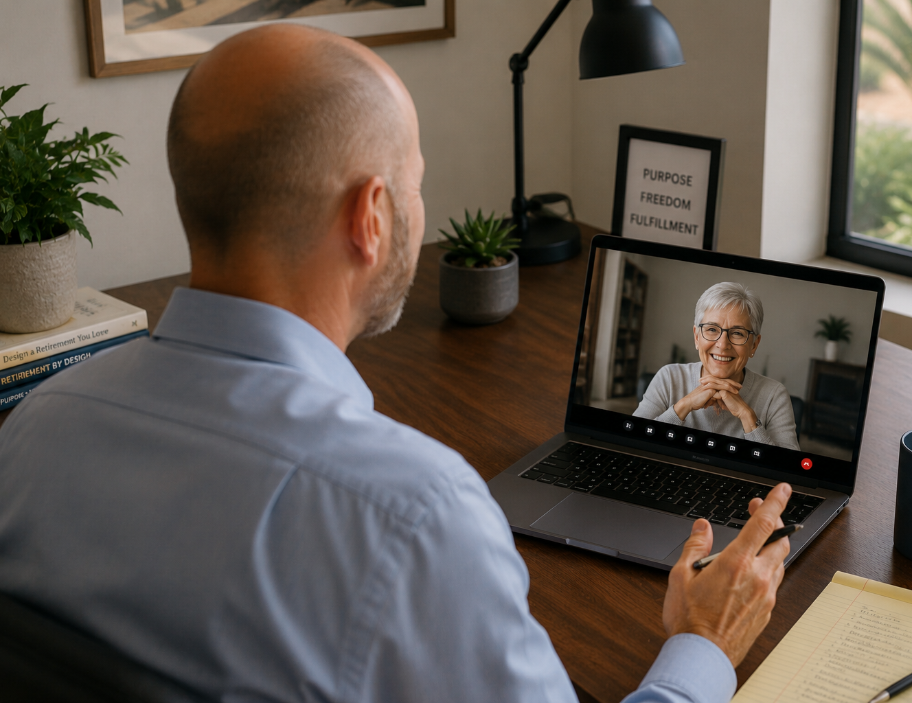 A man with a shaved head and gray beard participating in a video call on a laptop with an older woman smiling. The setting is a home office with a plant, books, a framed quote, and a window in the background.