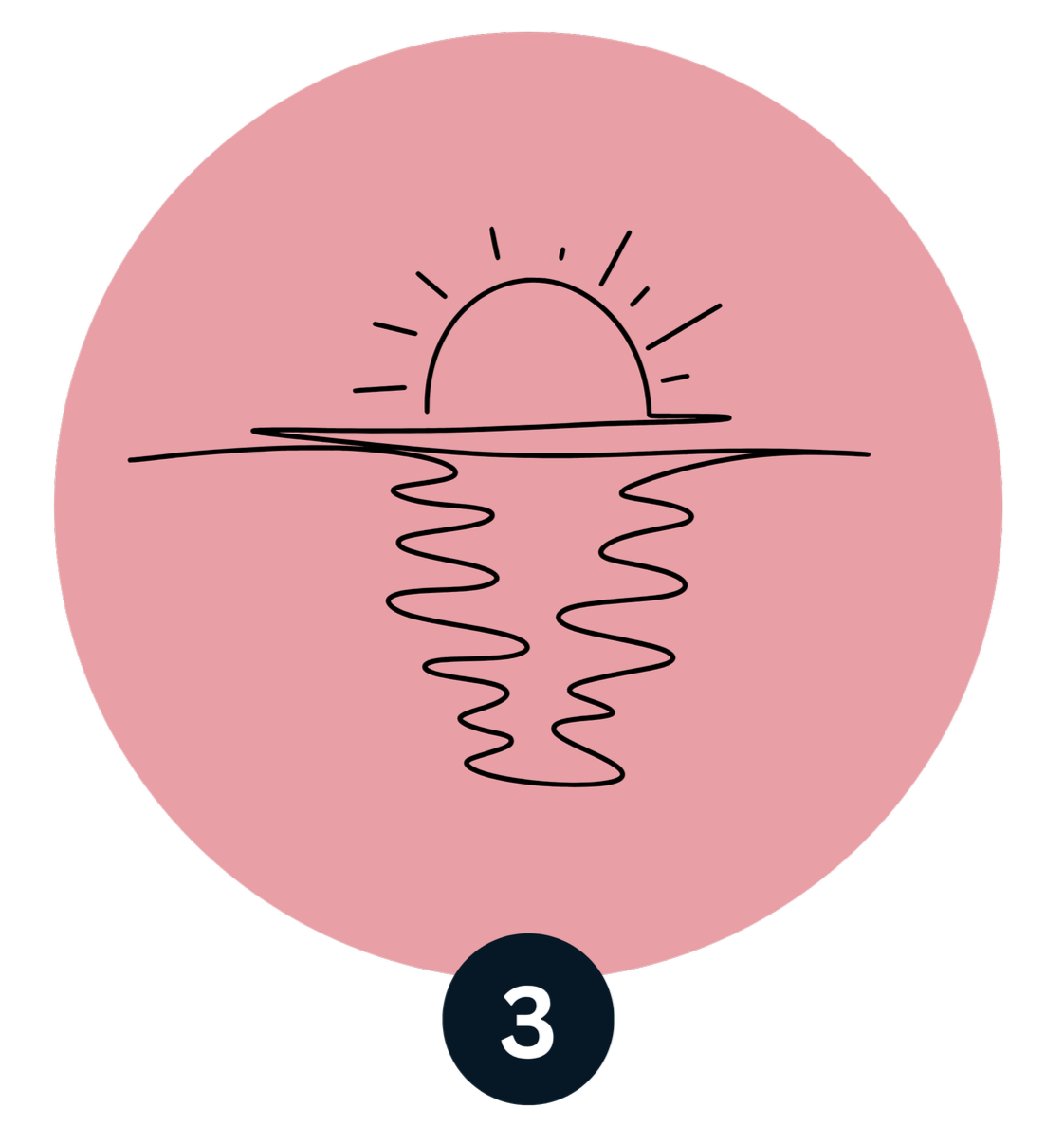 Line drawing of a sunset over water, with the sun partially below the horizon, pink background, black lines.