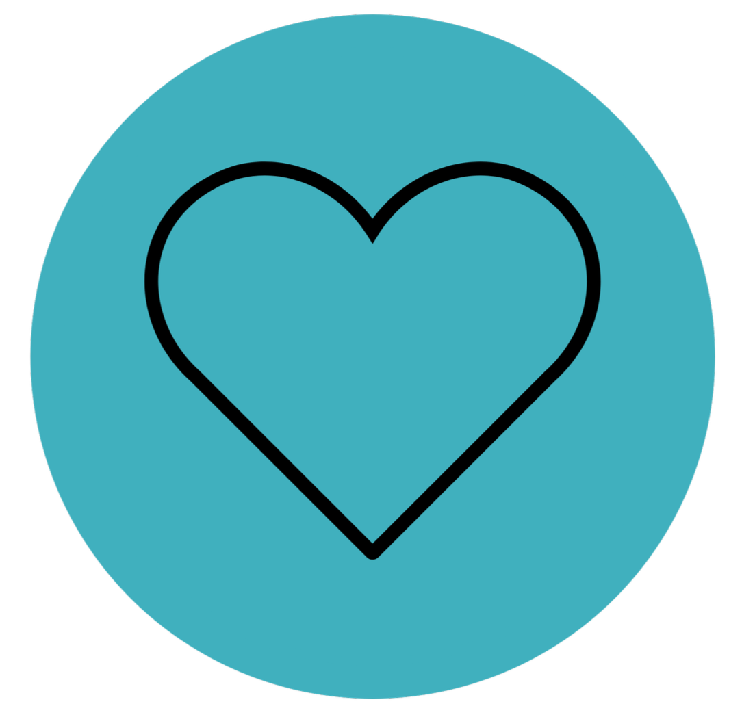 Blue circular icon with a black outline of a heart in the center.