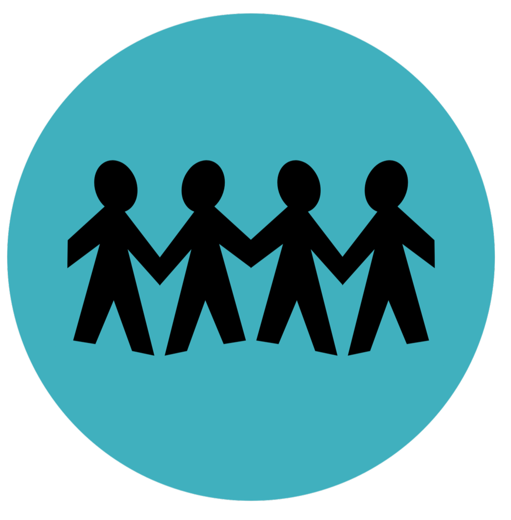 Illustration of four black human figures holding hands inside a blue circle.