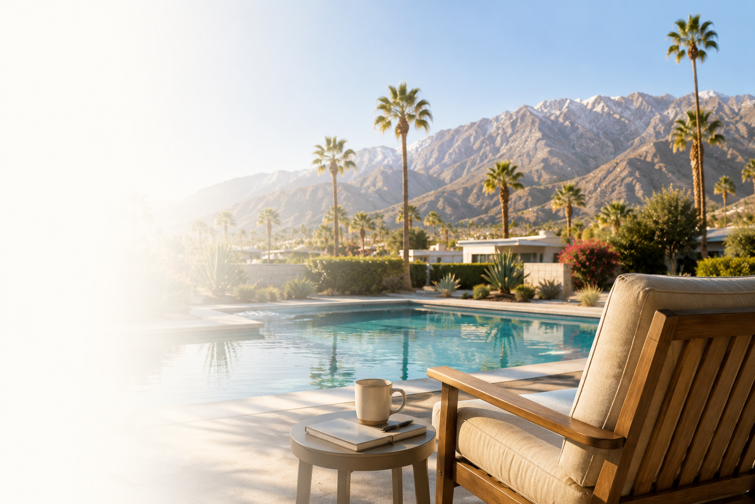 A backyard view with a swimming pool, tall palm trees, desert plants, and mountains in the background under a clear blue sky, with a patio chair and a small table with a coffee mug and a book in the foreground.