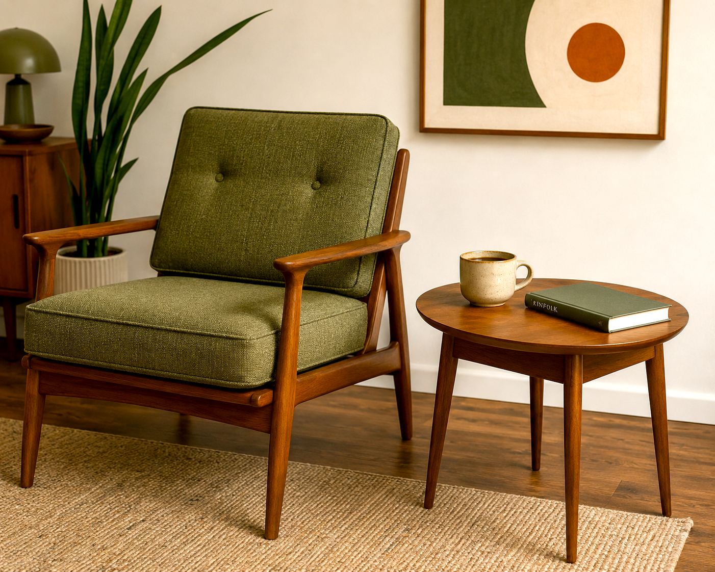 A cozy living room corner with a green upholstered armchair with wooden arms and legs, a small wooden side table holding a beige ceramic mug and a green book, a tall potted plant, a modern wall art piece, and a wooden cabinet with a green table lamp, all on a woven rug.