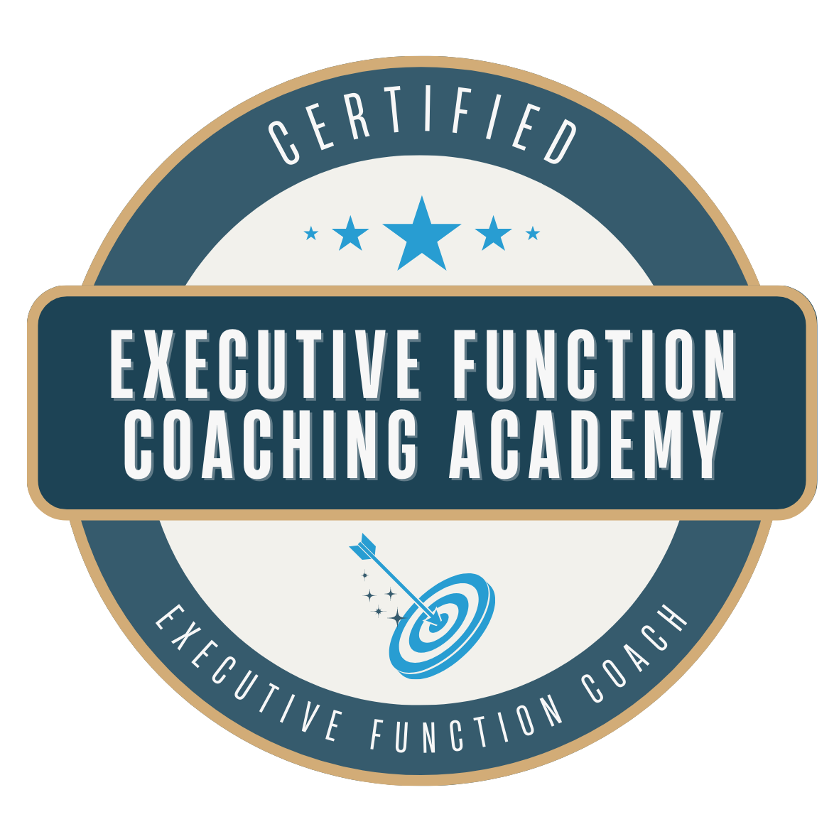 A circular badge with the words "Certified Executive Function Coaching Academy" and a target with an arrow hitting the bullseye, indicating certification in executive function coaching.
