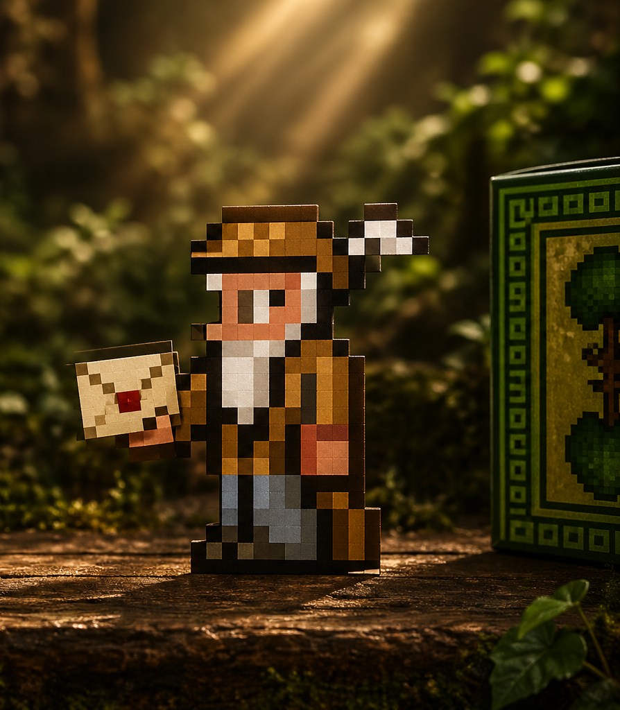 Pixel art character of a Terraria merchant in a brown hat and coat holding a letter, outdoors with sunlight filtering through trees.
