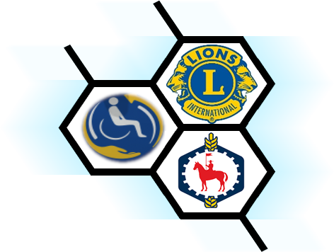 Hexagon-shaped logos of Lions International, a wheelchair user symbol, and a red deer among other symbols.