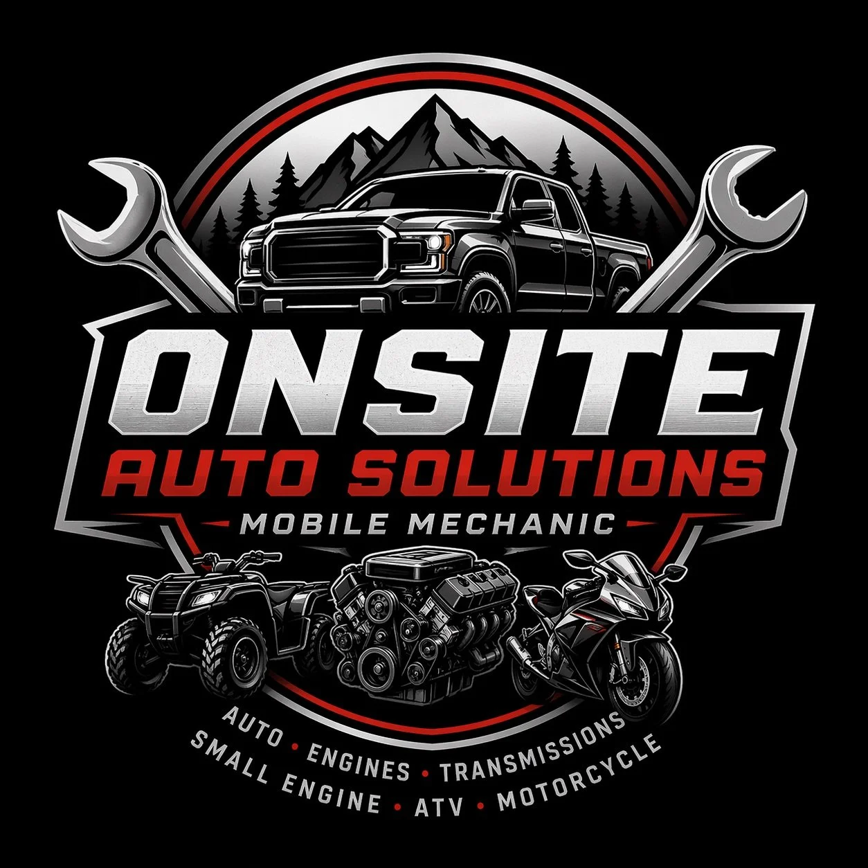 Logo for OnSite Auto Solutions featuring a pickup truck, a quad bike, a motorcycle, an engine, and wrenches with mountains and pine trees in the background. Text includes 'Mobile Mechanic,' 'Auto Engines Transmissions,' 'Small Engine,' 'ATV,' and 'Motorcycle.'