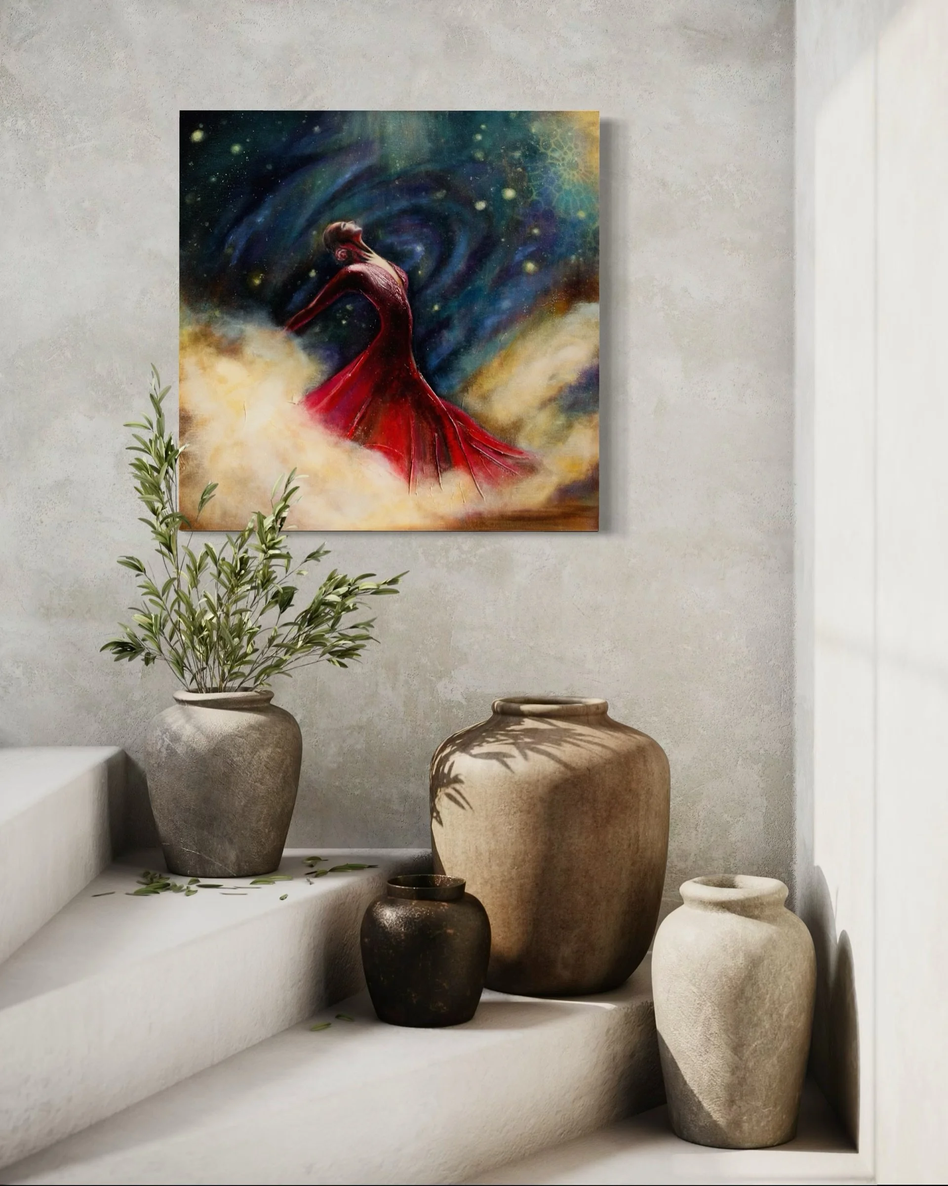 A collection of ceramic vases and pots on white shelves with an abstract painting of a woman in a red dress in the background.