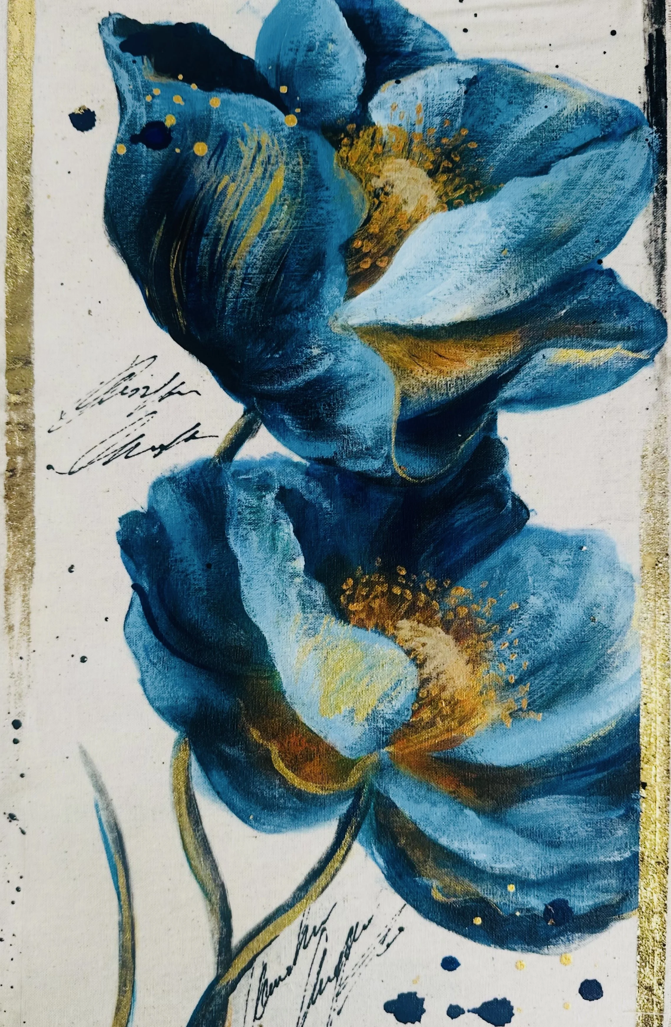 Abstract painting of blue and gold flowers with black ink splatters and handwritten script.