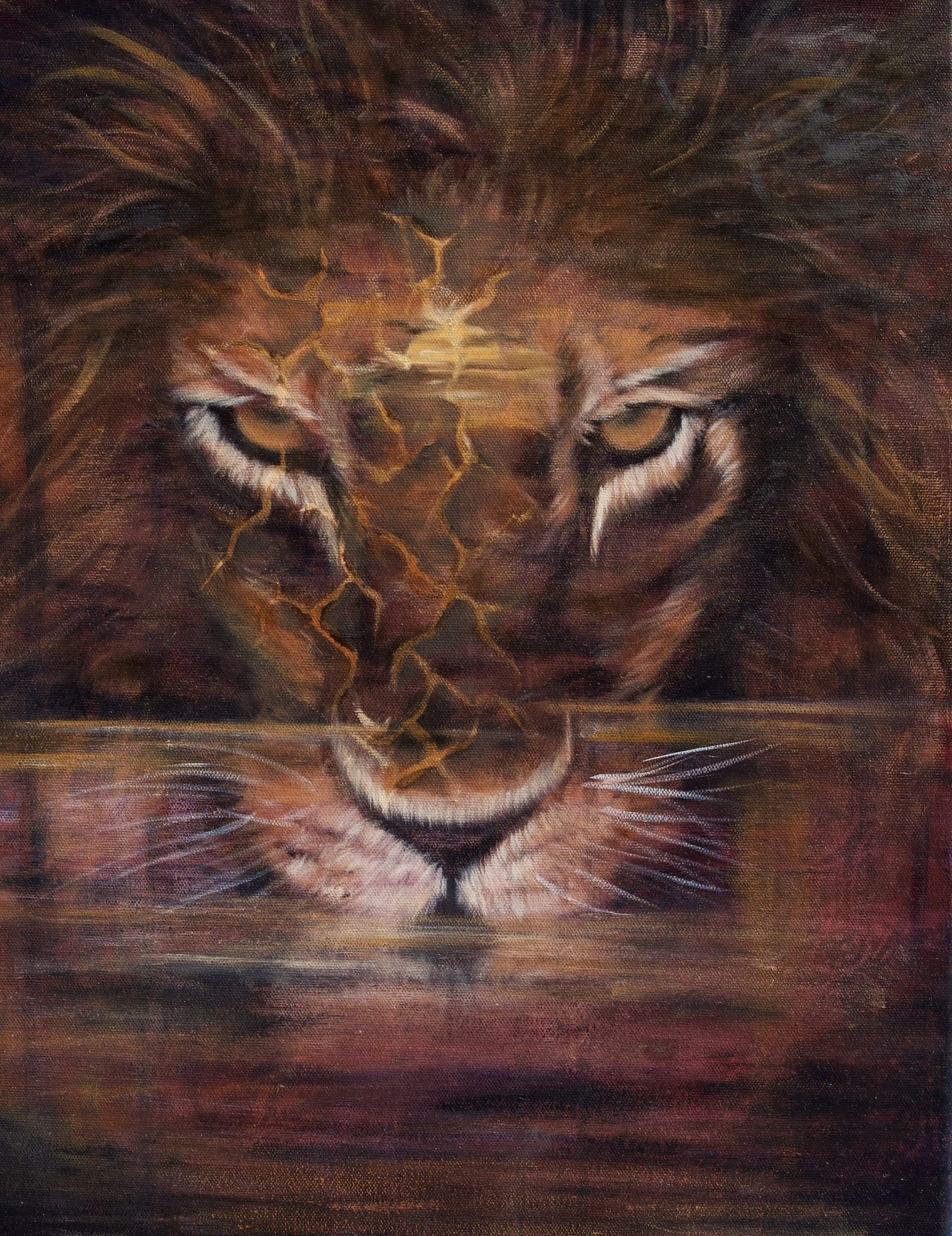 Close-up of a painted lion's face with a dark background, emphasizing its intense eyes and mane.