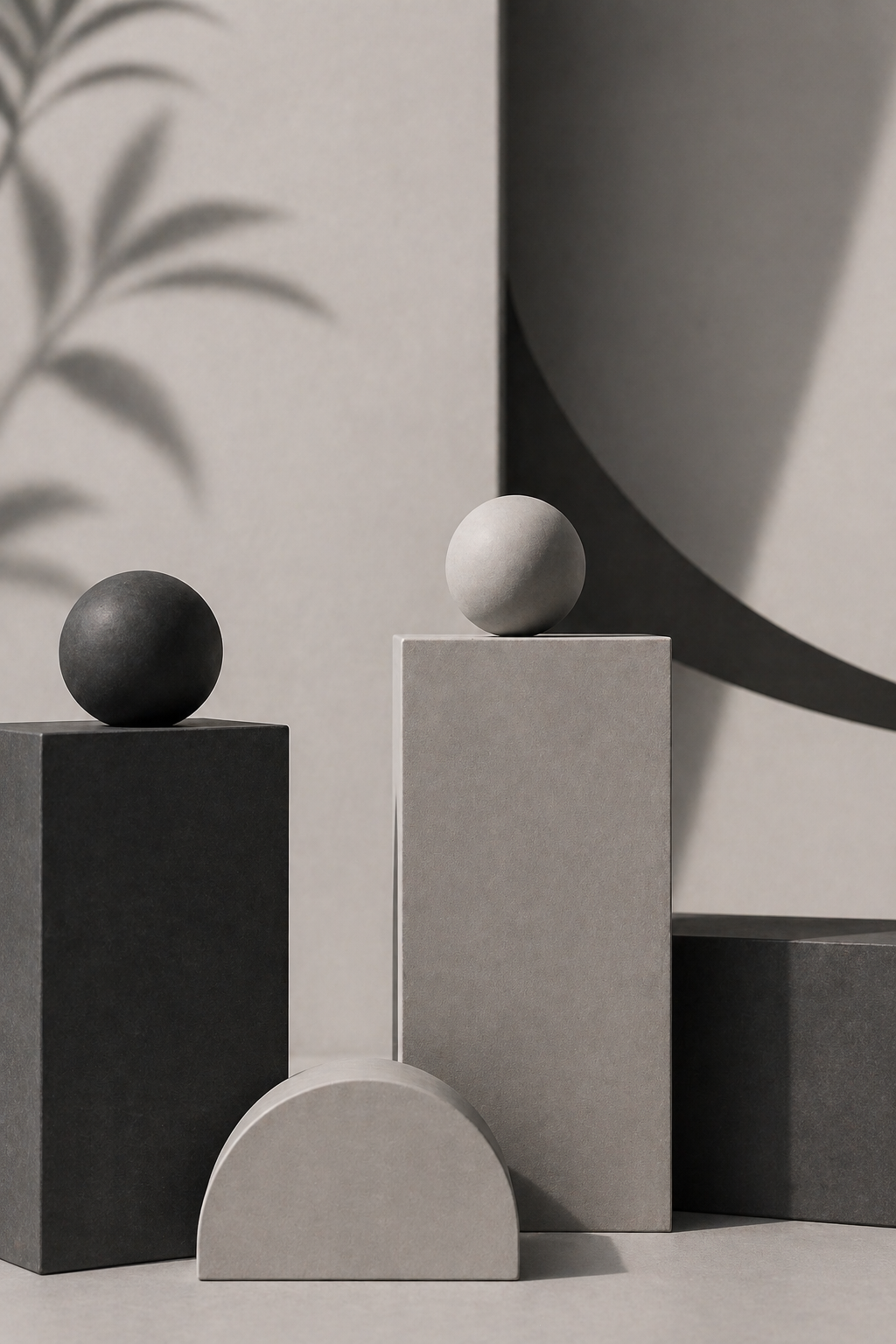 A minimalist art display featuring two spheres, one black on a black rectangular block and one white on a taller white rectangular block, with additional geometric shapes and shadows in a neutral-toned setting.