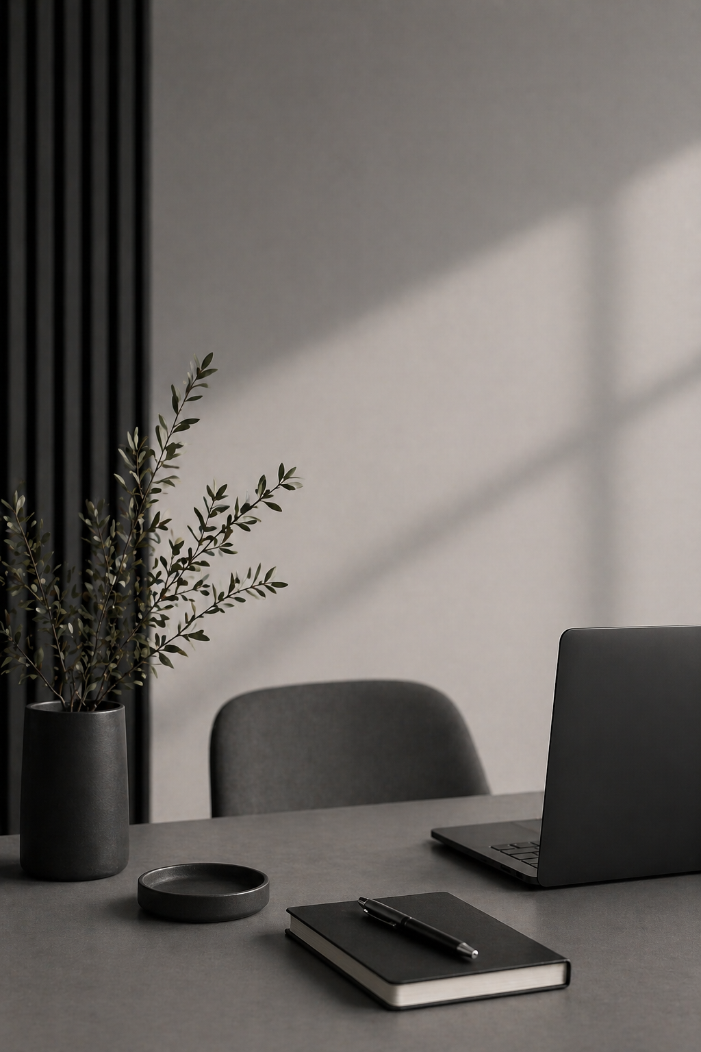Minimalist office desk with a potted plant, a closed notebook with a pen, a small dish, a laptop, and a chair, against a light gray wall with shadows.
