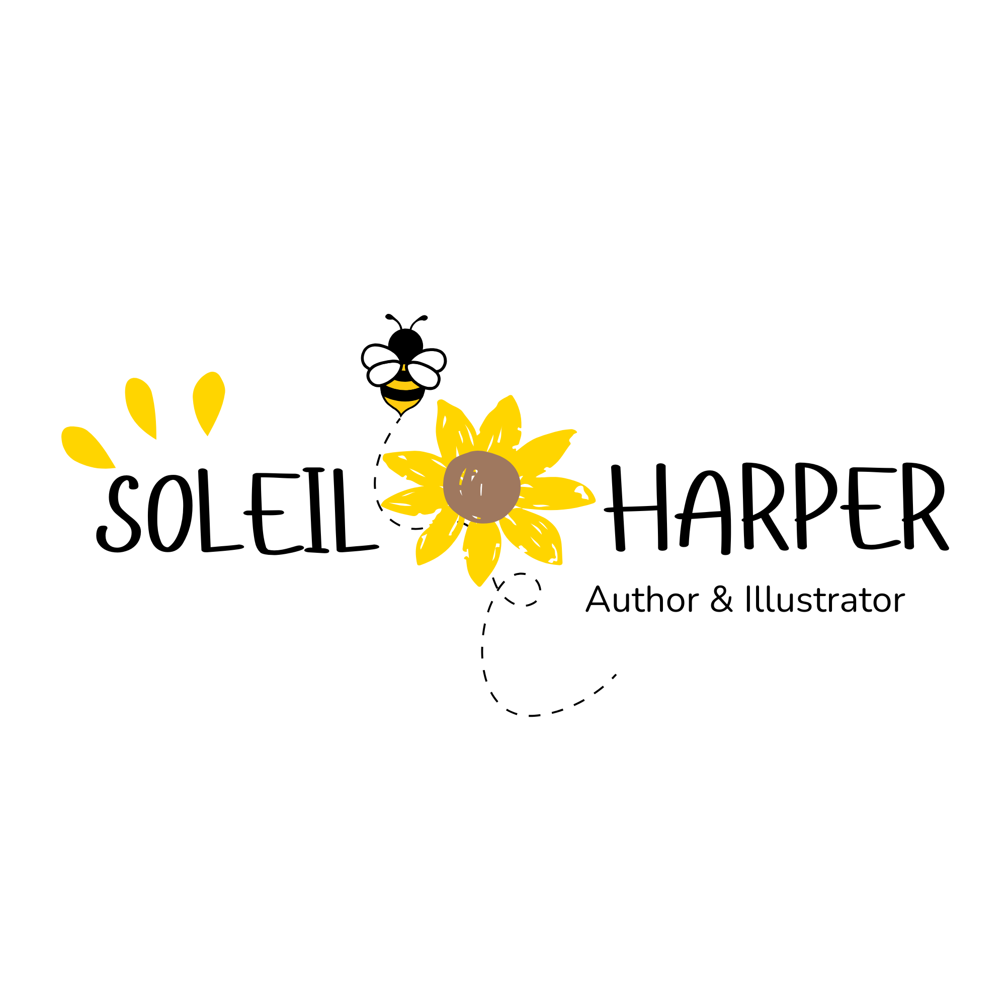 Cute bee flying above a bright yellow sunflower with black text underneath that reads 'Soleil & Harper' and the phrase 'Author & Illustrator.'
