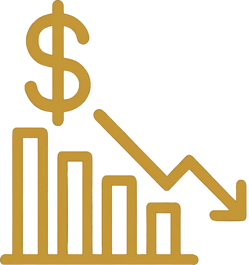 Gold dollar sign with a declining bar chart and downward arrow indicating financial decrease or loss.