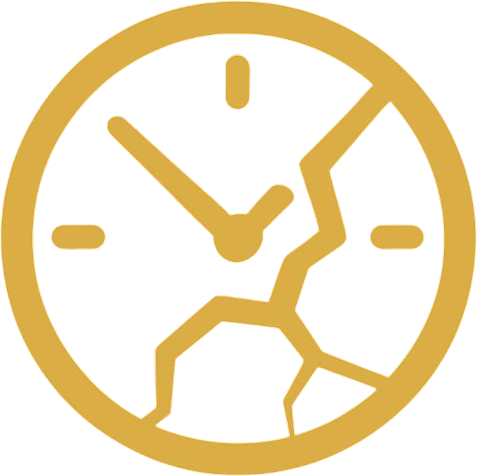 Broken clock with gold outline on black background, representing time wasted.