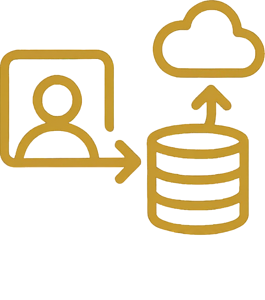 Golden outline icon of a person and a laptop with an arrow pointing to a cloud and a database stack, representing data upload or cloud storage.