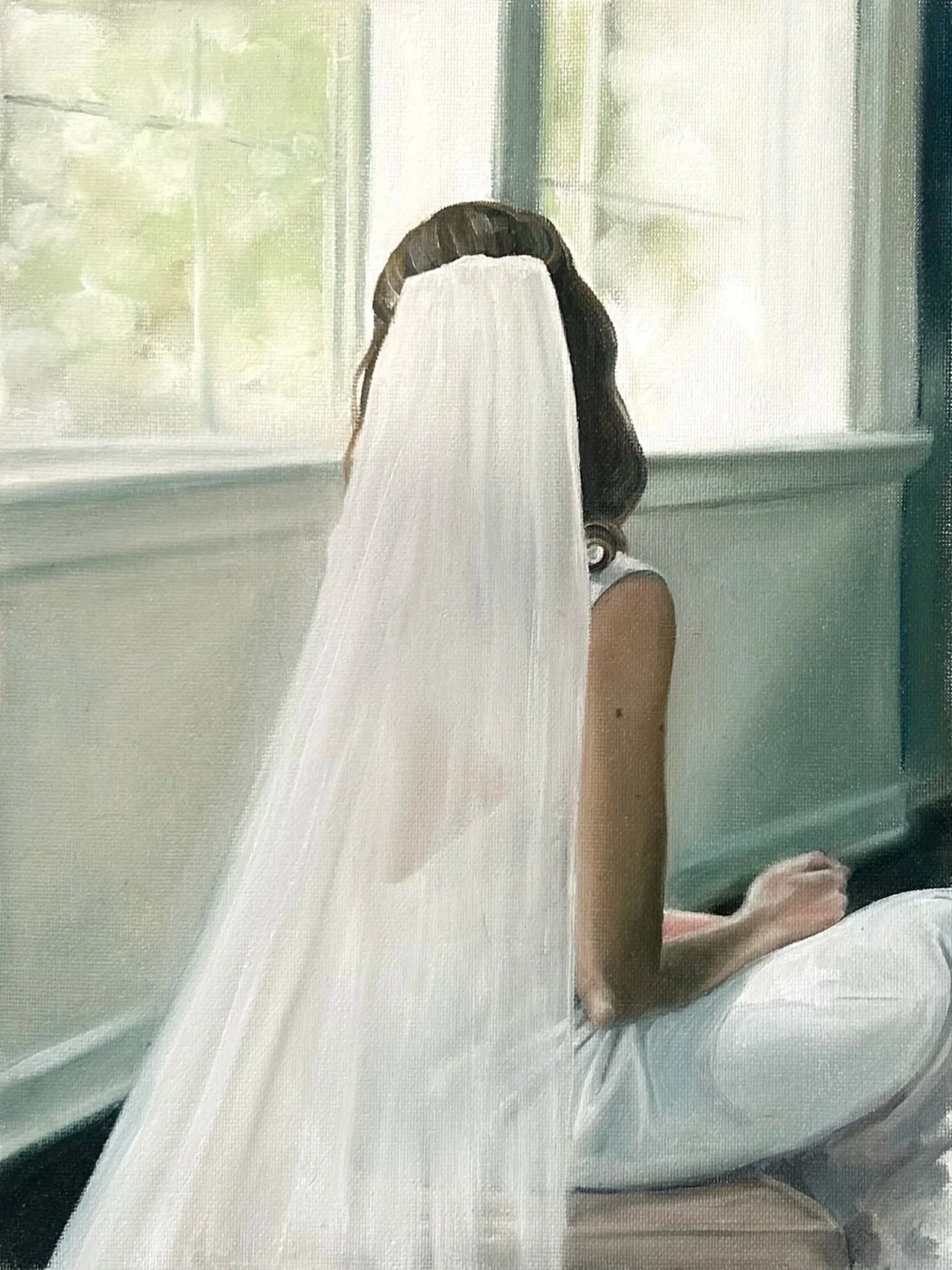 Painting of a woman with long dark hair wearing a white dress and veil, sitting by a window with sunlight streaming in.