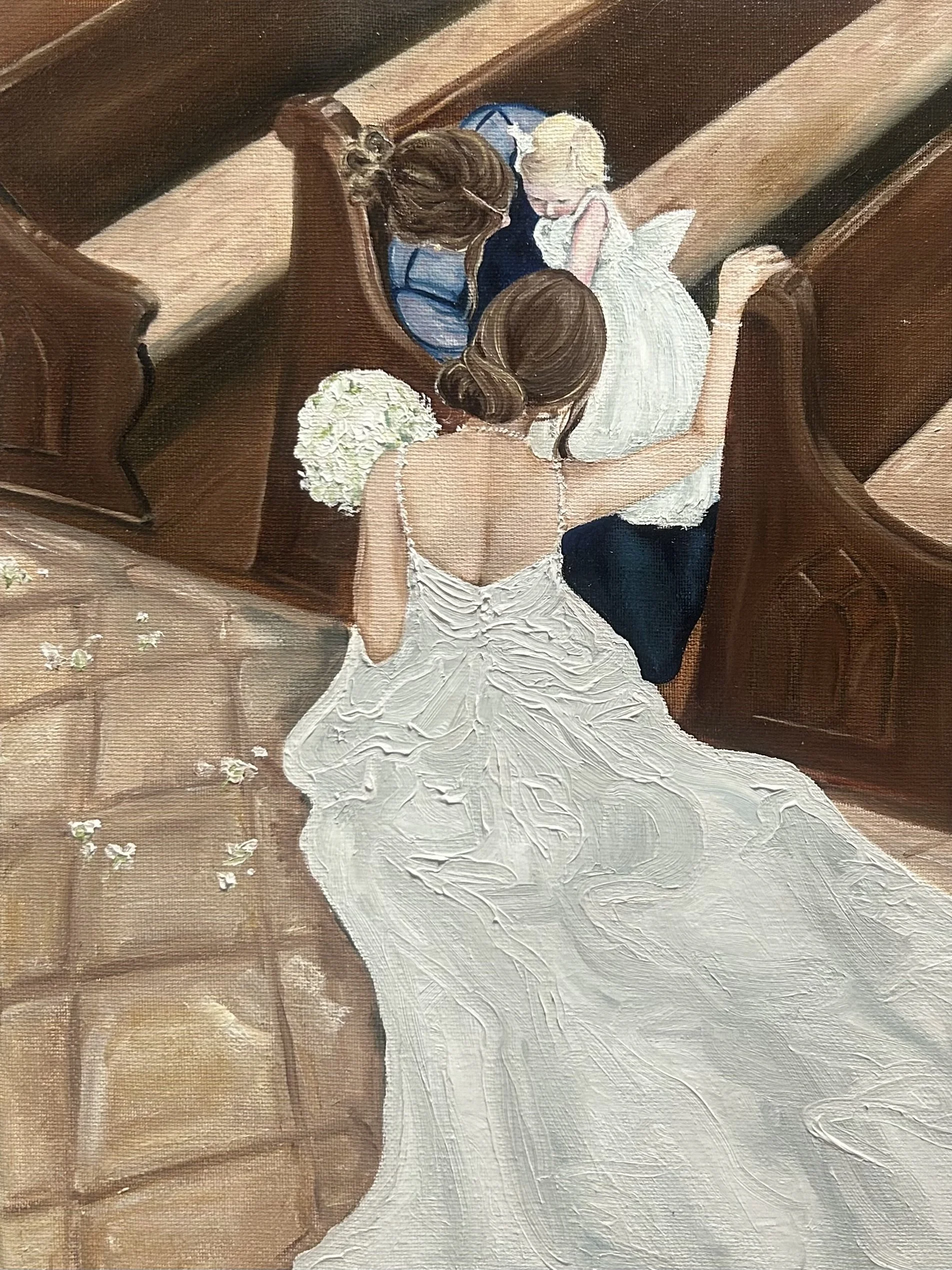 Painting of a mother and a flower girl sitting on a pew. A bride kneels down towards the girl holding a bouquet of white flowers.