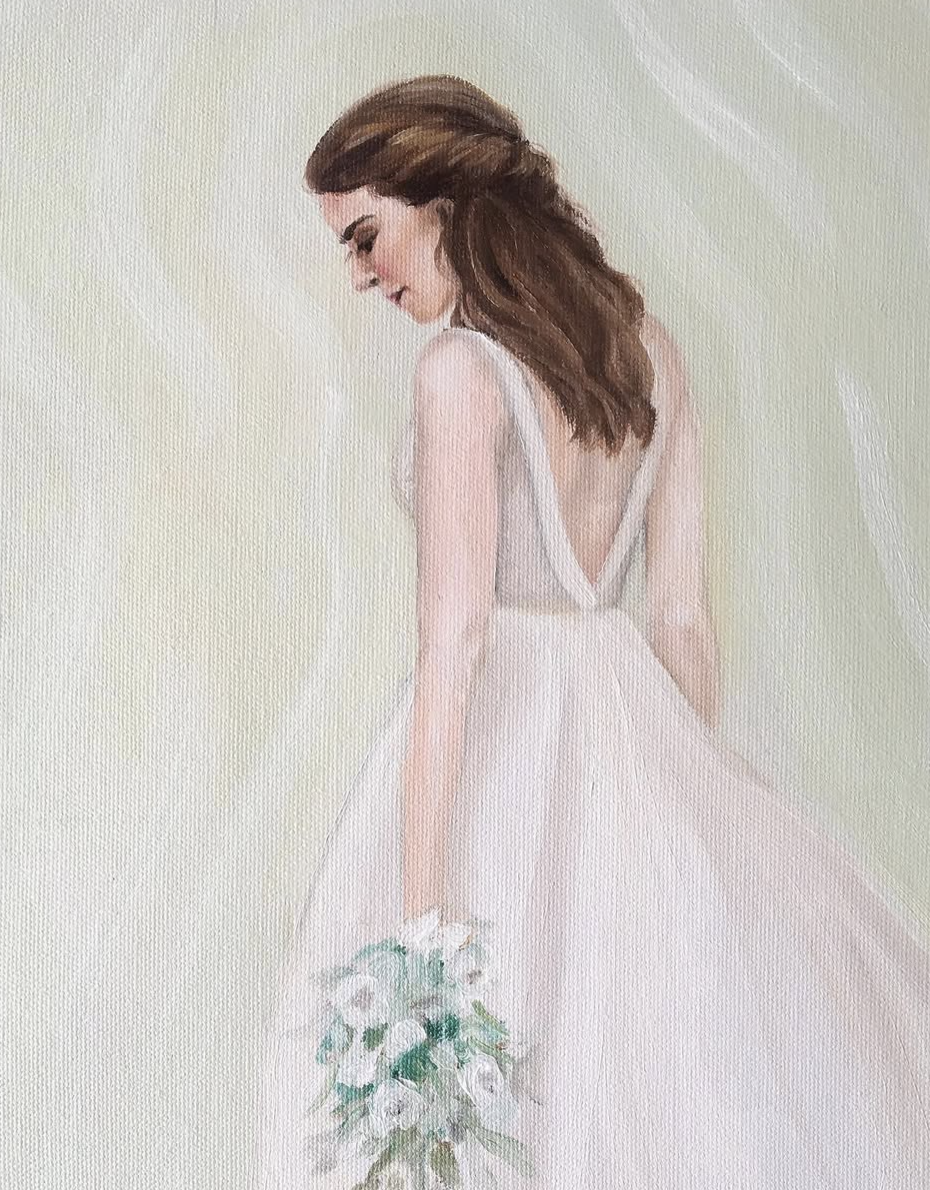 Painting of a woman in a wedding dress holding a bouquet of white flowers, looking down gently.