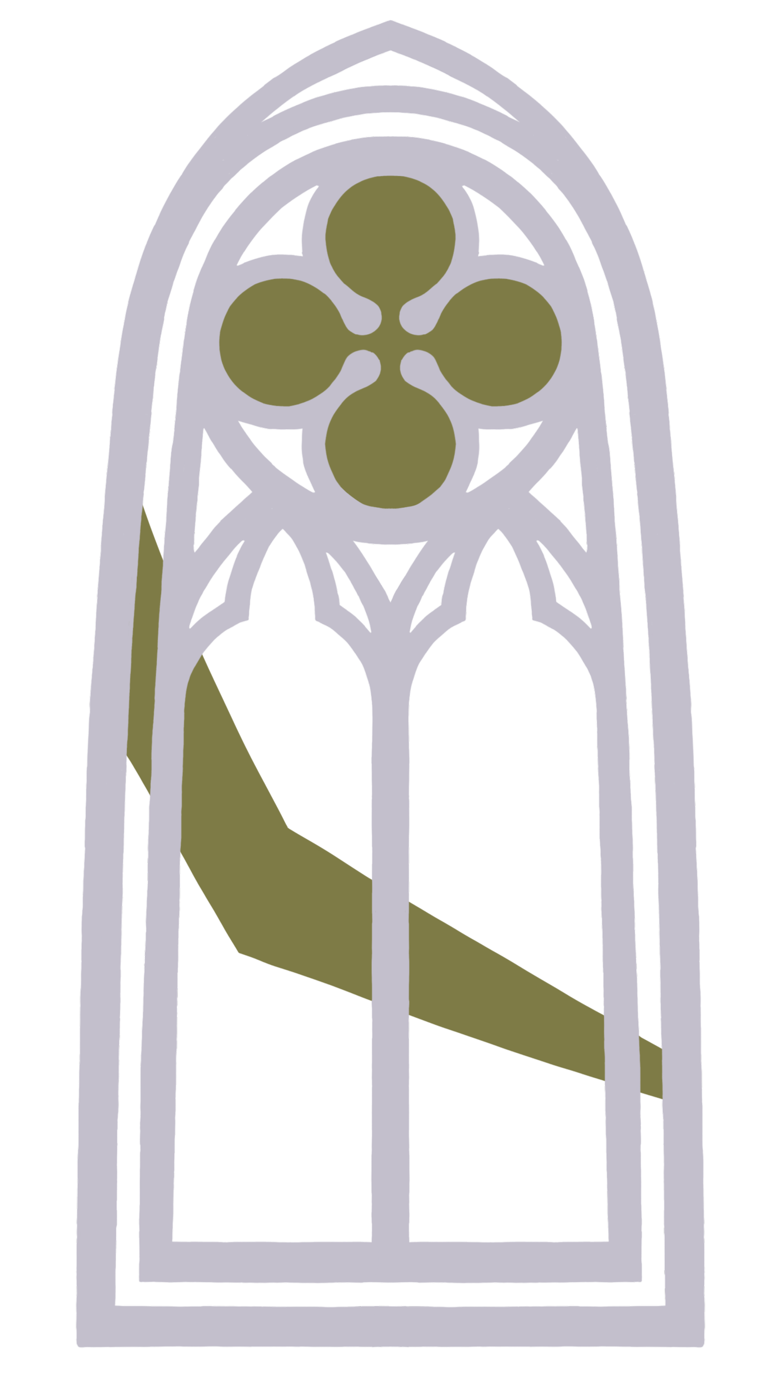 Stained glass window with a purple outline, shaped like an arched window, containing a decorative design with four green circles and geometric white lines.