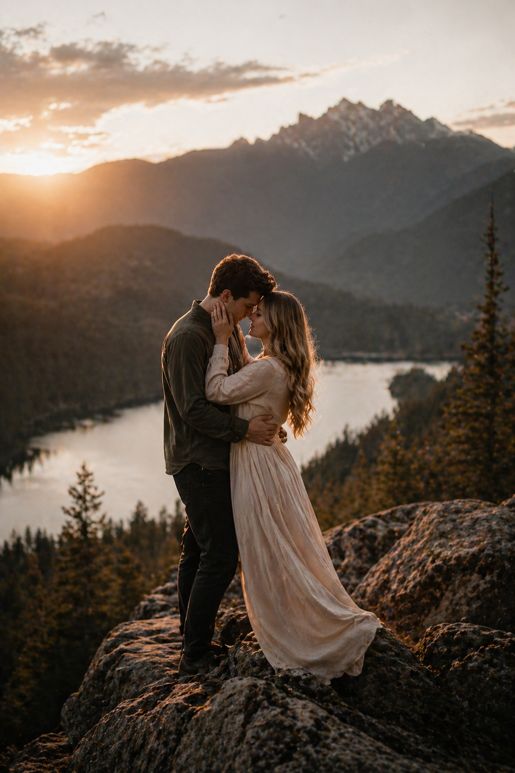 A couple embracing on a rocky hilltop during sunset with a mountain lake in the background.