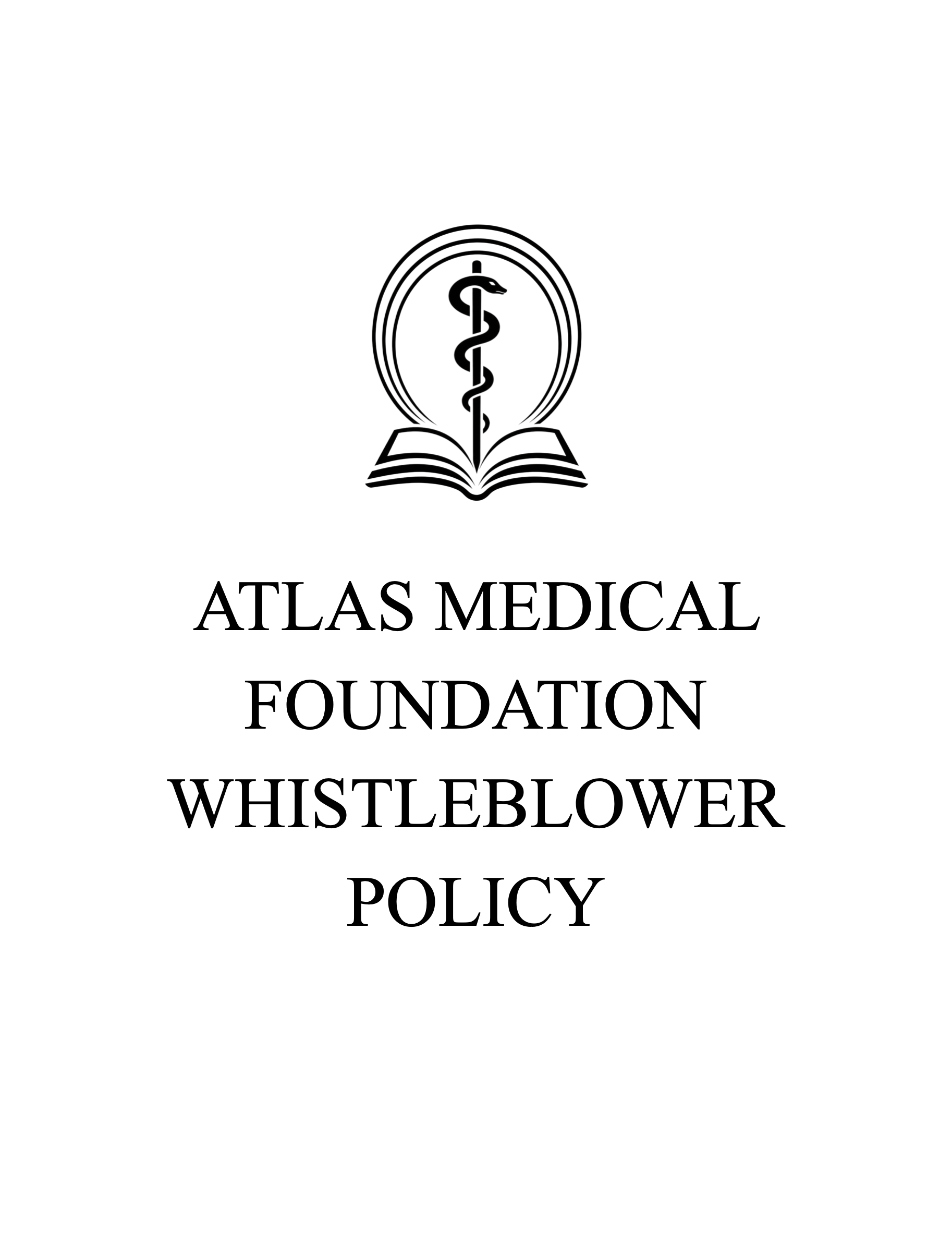 Logo for Atlas Medical Foundation Whistleblower Policy with a snake intertwined around a staff and an open book above it.